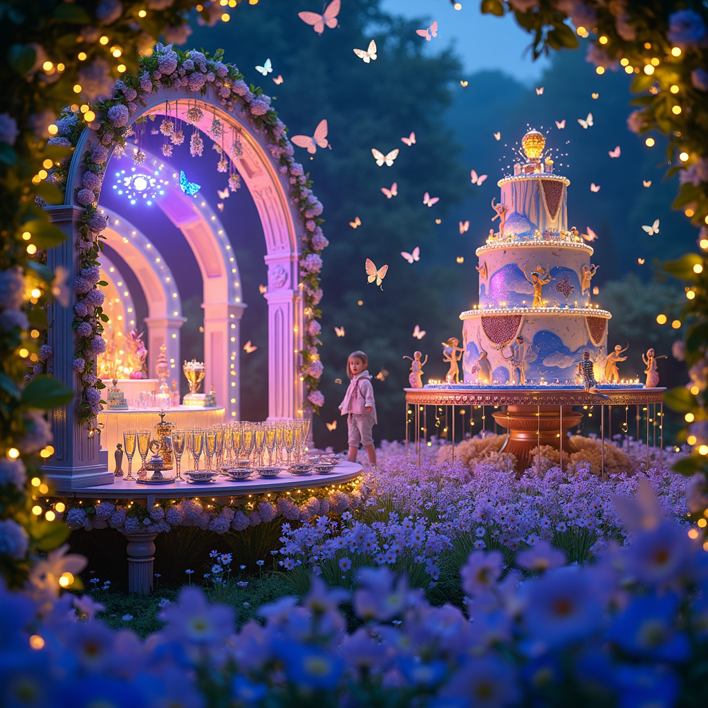 Picture a vibrant, surrealistic birthday garden where a Eurovision stage emerges from a lush carpet of bluebells. The stage, designed like a grand, glittering amphitheater, is adorned with dazzling, multicolored LED lights, creating an almost ethereal glow amidst the natural surroundings. The background is a starry night sky, with constellations that seem to form the shapes of musical notes and champagne glasses.

In the center of the stage, a gigantic, whimsical birthday cake towers, decorated with shimmering fondant flags representing all the Eurovision countries. Each tier of the cake rotates slowly, and tiny, animated musicians and dancers perform intricate routines, their costumes sparkling with sequins and feathers. The cake itself has edible bluebells cascading down its sides, interwoven with strands of fairy lights.

To the left of the stage, a large, ornate table made of glass and gold holds an array of crystal flutes filled with bubbly prosecco. Each glass has a tiny, golden microphone charm dangling from its stem, giving a nod to the Eurovision theme. The prosecco bubbles float upwards and transform into iridescent butterflies, which flutter around the scene, adding a touch of magic.

In the foreground, a group of party-goers dressed as iconic Eurovision contestants—complete with outrageous costumes and hairdos—dance and celebrate, their movements captured mid-twirl. One guest holds a large, glittering birthday card shaped like a Eurovision trophy, presenting it to the birthday person, who stands on a pedestal of bluebells, beaming with joy.

The entire scene is framed by a garland of twinkling lights and bluebell blooms, creating a dreamlike portal into this fantastical birthday celebration. The details are intricate, and every element, from the glowing bluebells to the sparkling prosecco, tells a story of celebration, music, and joy.
Generated with these themes: Eurovision, Bluebells, and Prosecco.
Made with ❤️ by AI.