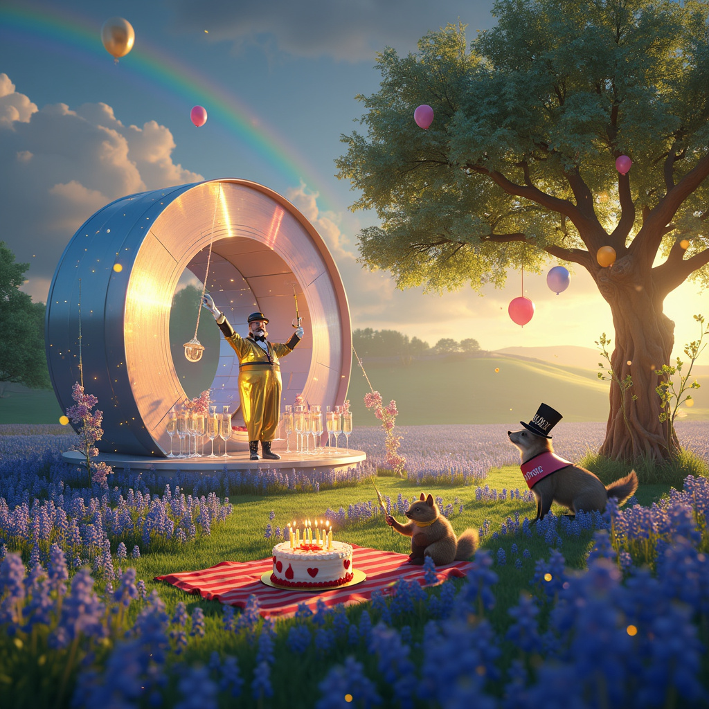 Imagine a whimsical meadow where the fantastical meets the festive! At the heart of this dreamscape, an enormous Eurovision stage rises, its grand arches decorated with shimmering, iridescent lights that cast a soft glow across the scene. The stage, shaped like a giant, gleaming record, is surrounded by a sea of vibrant bluebells, their delicate petals contrasting beautifully with the metallic shine of the stage. 

In the center of the stage, a bottle of prosecco has come to life, transformed into a charismatic conductor. This anthropomorphic bottle, complete with white gloves and a dapper bow tie, waves a sparkling wand made of silver streamers. Behind it, a chorus line of dancing wine glasses, each filled with bubbly prosecco, twirls gracefully, their reflections bouncing off the stage lights, creating a kaleidoscope of colors.

To the right of the stage, a large oak tree stands, its branches adorned with tiny fairy lights and Eurovision flags from various countries. Among the branches, little bluebells swing like miniature chandeliers, lighting up the tree with a soft, enchanting glow. Underneath the tree, a picnic blanket in the colors of the Eurovision logo is spread out, laden with an extravagant birthday cake shaped like a giant prosecco bottle, complete with a sparkling candle on top. 

In the distance, rolling hills peppered with more bluebells provide a serene backdrop, while a few whimsical characters — a dapper fox in a tuxedo, a hedgehog wearing a tiny top hat, and a rabbit with a monocle and sash that reads “Birthday King” — cheer and wave little flags. Balloons shaped like musical notes float in the sky, and a rainbow arcs overhead, tying the whole scene together in a fantastical celebration of music, nature, and festivity. 

This surreal yet realistic birthday-themed scene captures the magic of Eurovision, the beauty of bluebells, and the effervescence of prosecco in a single, unforgettable image.
Generated with these themes: Eurovision, Bluebells, and Prosecco.
Made with ❤️ by AI.