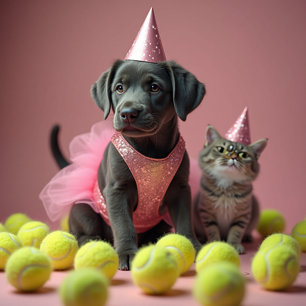 ### Image Prompt

At the bottom of the photorealistic picture taken from a camera image, the text reads: **Winnie**.

Create an ultra-high-definition 4K UHD photograph that captures a whimsical birthday scene perfect for a greeting card. Imagine a dark grey Labrador wearing a sparkly pink dress, sitting with an air of elegant joy. Her dress glimmers with glitter, catching the light in a mesmerizing way. Surrounding her are an array of tennis balls, each meticulously arranged to add a playful atmosphere. In the background, subtly peeking out is a grey and white cat, adding a hint of mystery to the composition.

Perched delicately nearby is a heart-shaped photo frame containing a picture of a bald man, bringing a touch of humor and warmth to the scene. The image should possess accurate lighting, lifelike textures, and a rich depth of field, immersing the viewer in a scene that feels both real and charmingly surreal. The mood is cute and celebratory, embodying the joyous essence of a birthday celebration.
Generated with these themes: Tennis Balls, Chasing birds, Her ball on a rope, Doggy treats, PInk and Purple, Glitter, Dark Grey Labrador, Aged 4, and .
Made with ❤️ by AI.