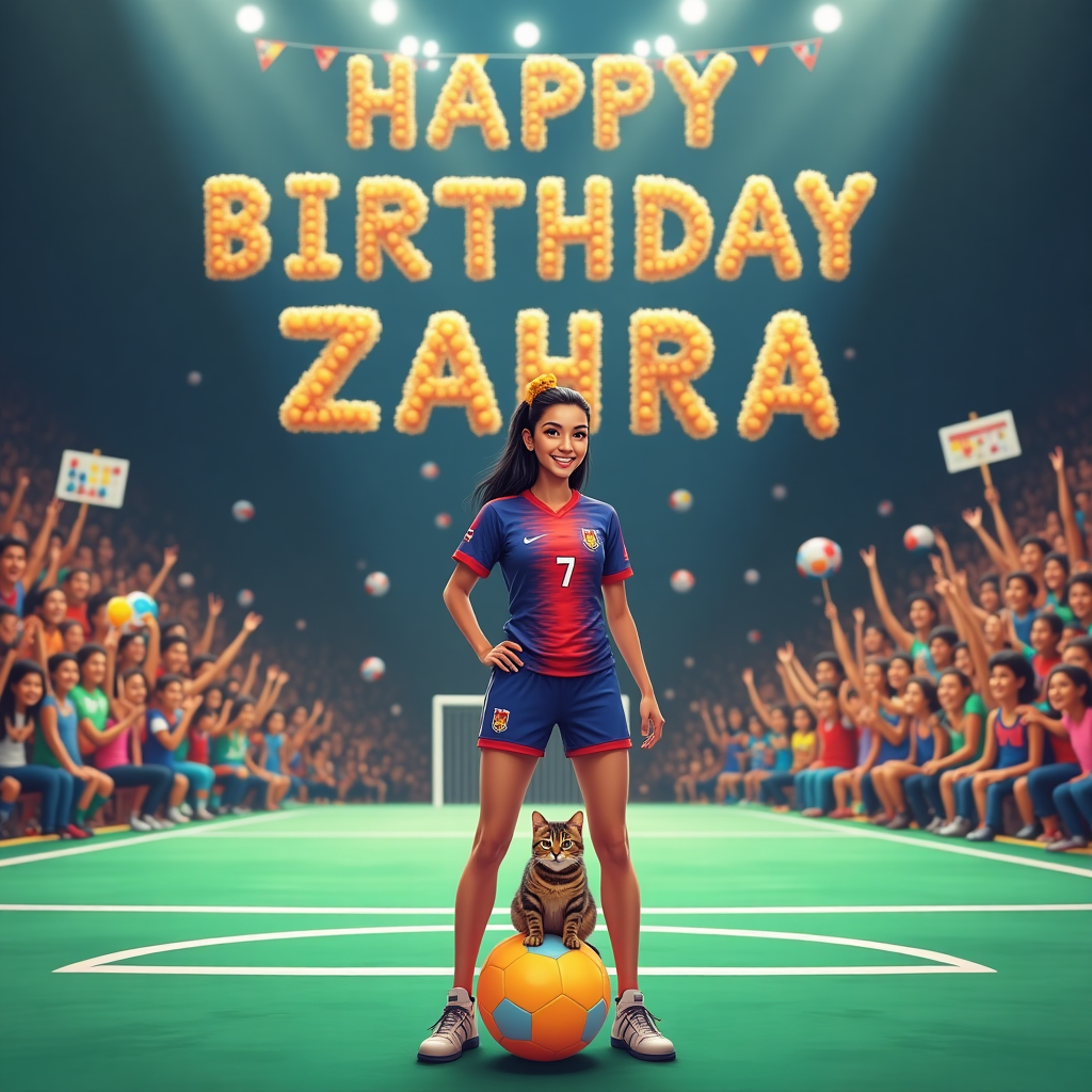 In the bustling scene of a lively indoor futsal court, the spotlight shines on the happiest woman on earth, Zahra, in her vibrant international futsal uniform. Her jersey is a striking blend of electric blues and radiant reds, with the number '7' prominently displayed on her back. Zahra's smile is as dazzling as her golden headband, which keeps her glossy black hair neatly tied back. Beside her, perched confidently on the court, is her charismatic tabby cat, wearing a tiny replica of Zahra's jersey, complete with a matching miniature headband. The court is abuzz with excitement, fans of all ages and backgrounds cheering wildly from the stands, waving banners and flags. Above them, suspended across the court, a colorful banner unfurls, reading "Happy Birthday Zahra!" in bold, cheerful letters. The name "Zahra" is also playfully spelled out in the sky, formed by fluffy, floating futsal balls that appear to defy gravity. On the sidelines, a makeshift booth offers an array of oversized foam fingers and handmade signs, each declaring Zahra as their beloved star. The futsal lines on the court are crisp and white, contrasting against the deep green of the playing surface. Zahra stands triumphantly in the center, her foot atop a glowing futsal ball that seems to pulsate with the vibrant energy of the celebration. The scene captures a joyous moment where sport, celebration, and camaraderie intersect, all in honor of the beautiful Zahra.
Generated with these themes: The happiest woman on earth is in her international futsal uniform, next to her cat.,  در زمین فوتسال On the futsal court, and Everyone is a fan of him. she is so beautiful..
Made with ❤️ by AI.