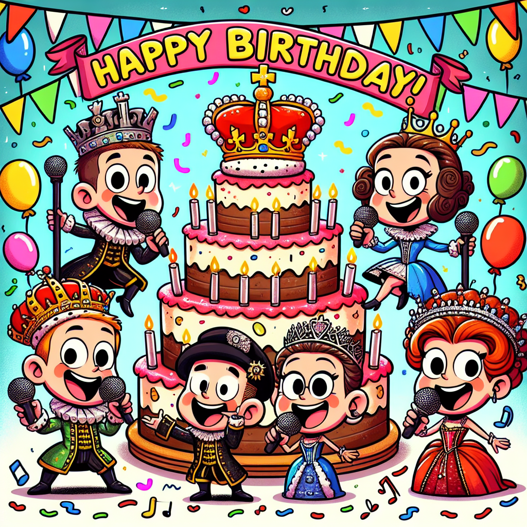 Draw a lively and vivid cartoon-style birthday celebration scene filled with color and energy. In the middle, there's a humorous three-tiered cake, crowned with a sugary crown to symbolize the queens from a notable historical period. Create six cartoon characters, each holding a microphone and wearing distinctive sparkling and ruffled attire, dancing around the cake. Their costumes should not resemble any specific real person or character, but should be fun and full of character. Add background elements like confetti shaped like musical notes and colorful balloons. Also, include a bold, fun banner that says 'Happy Birthday!' in a typeface that imitates regal handwriting from the Tudor era.
Generated with these themes: Six the musical .
Made with ❤️ by AI.