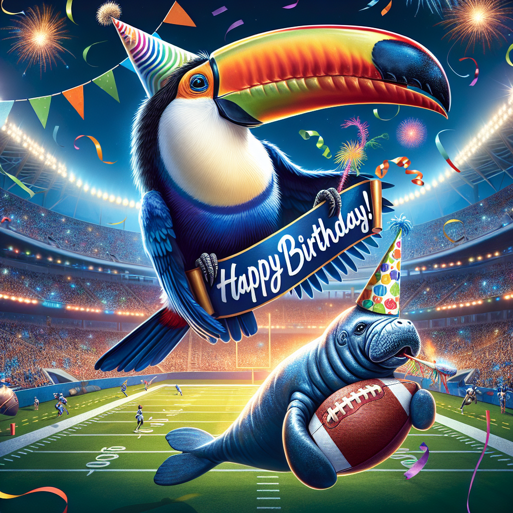 In the festive ambience of a football stadium filled with excitement and celebratory colors, a toucan painted in royal blue soars above the crowd. The bird trails a fluttering banner behind it, the words 'Happy Birthday!' emblazoned across in cheerful letters. On the stadium floor, a manatee grins wide, a colorful party hat perched atop its head. It skillfully balances a football on its nose, a frothy, dark beverage held in its flipper, symbolizing an energized, jubilant birthday celebration.
Generated with these themes: Chelsea football club, Manatee , Toucan , Birthday , and Guinness .
Made with ❤️ by AI.