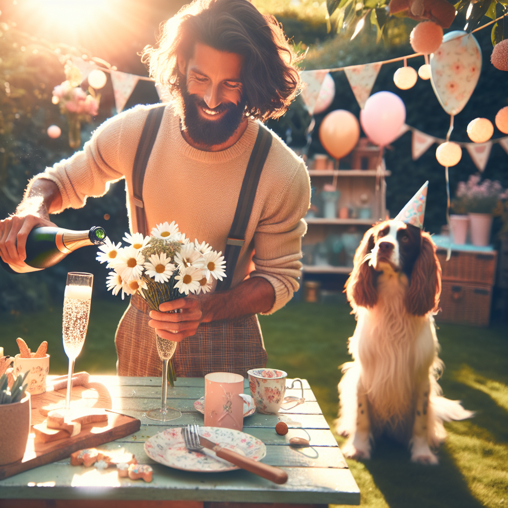 Picture a cosy garden during a birthday celebration where the sun bestows a warm glow upon the scene. At the centre of a charming picnic table, there is a delicate bouquet of daisies standing out amidst an array of pastel-coloured decorations. A joyful man of unspecified descent who could be anyone, but is definitely not Steve, pours sparkling wine into flute glasses, the floating bubbles catching the sunlight and sparking with a festive shimmer. Next to him, his loyal Springer Spaniel, looking adorable with a birthday hat on, is patiently awaiting a crumb to fall, adding to the welcoming atmosphere.
Generated with these themes: Daisy, Springer spaniel, dry sparkling wine, Steve.
Made with ❤️ by AI.