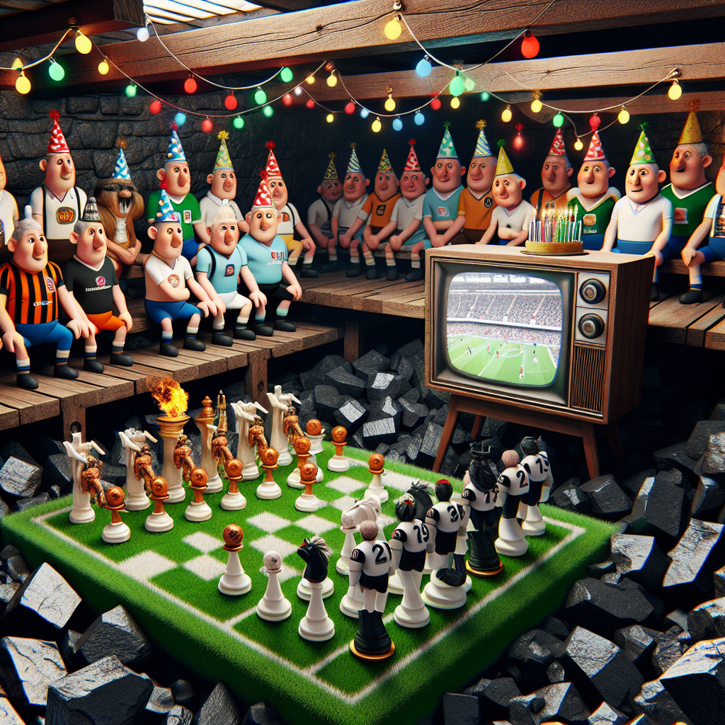 Imagine a delightful birthday-themed image featuring whimsical chess characters dressed in football jerseys competing on a vivid, green field defined by pieces of coal. The setting is unique - an underground coal mine, with festive string lights and party decorations embellishing the wooden support structures. A live match is being displayed on a classic television hung on the mine's wall, providing entertainment to a jovial crowd of cartoonish miners of diverse genders and descents, all of whom are engrossed in the game.
Generated with these themes: Chess football coal mining television.
Made with ❤️ by AI.