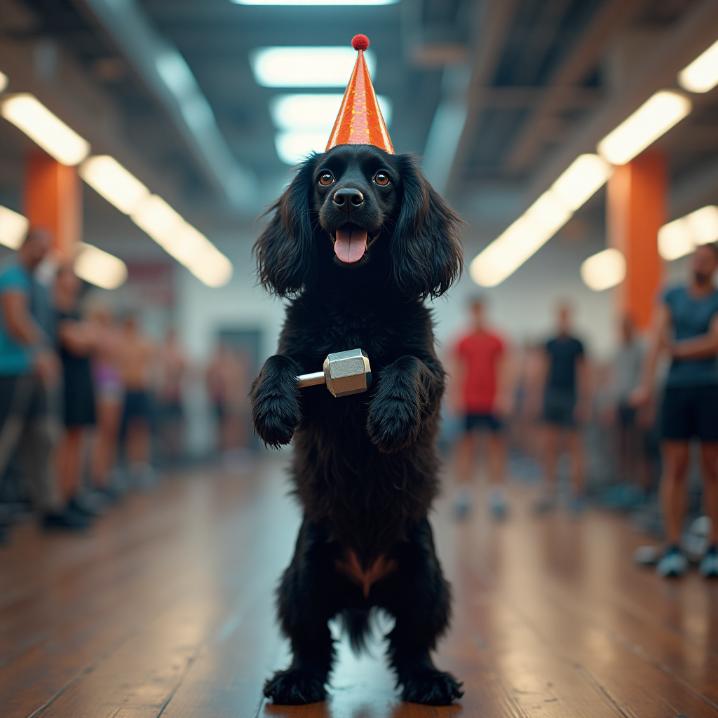 At the top of the photorealistic picture taken from a camera image, include the text: "Happy Birthday Mitch but I thought you meant a WALK!"

---

**Image Prompt:**

Capture a whimsical and amusing scene in an ultra-high-definition 4K UHD photograph. The focus is on a lively black cocker spaniel, standing on its hind legs, enthusiastically attempting to lift tiny dumbbells in a bustling gymnasium. Around the dog, create a vibrant gym environment filled with fitness enthusiasts engaged in their workouts, capturing the hustle and bustle of the gym.

The lighting should be bright and dynamic, with the gym's fluorescent lights casting realistic shadows. The cocker spaniel should have a shiny, well-groomed coat, reflecting the lights, adding to the comical and heartwarming mood.

Capture lifelike textures, from the dog's fur to the glossy dumbbells and the smooth gym floor. Ensure a rich depth of field to emphasize the focus on the enthusiastic pup amidst the busy background.

This amusing depiction should be perfect for a birthday greeting card, bringing smiles with its endearing and playful theme.
Generated with these themes: .
Made with ❤️ by AI.