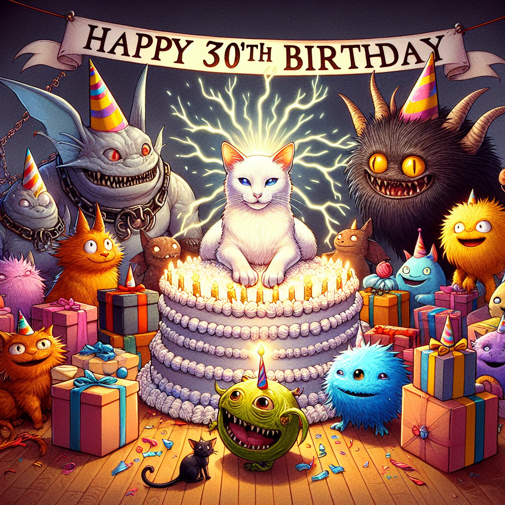 A heartwarming birthday illustration in a celebratory setting. Centered, a white Siamese cat rests majestically atop a mound of brilliantly wrapped presents. Surrounding it are adapted versions of monster characters known for their playful nature. Their defining features might resemble electric creatures, leaf-like pals, and spherical, puffball like characters, all donning party hats. To the side, two cats, one ginger and one black, seem like they're on an epic adventure reminiscent of a popular fantasy series featuring brave little wanderers. Banners flutter above, announcing 'Happy 30th Birthday' in a fanciful script, while the symbol of ultimate power in the fantasy series, here symbolized by a radiant ring, rests atop the birthday cake in the front.
Generated with these themes: Lord of the rings, White Siamese Cat , Pokemon , Ginger and black cat, and 30th.
Made with ❤️ by AI.