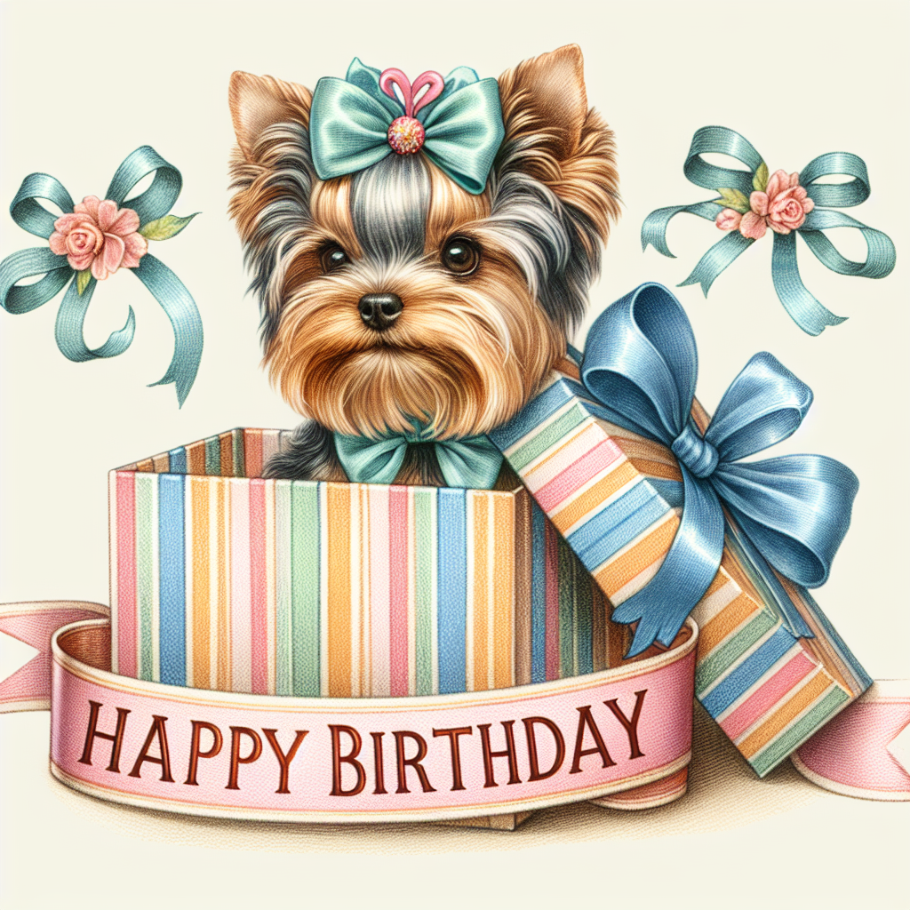 In this heartwarming birthday scene, a Yorkshire Terrier with a bow is peeking out of a beautifully wrapped gift box. The 'Happy Birthday' message is displayed on a banner that drapes across the top corner of the illustration.
Generated with these themes: Yorkshire Terrier  .
Made with ❤️ by AI.