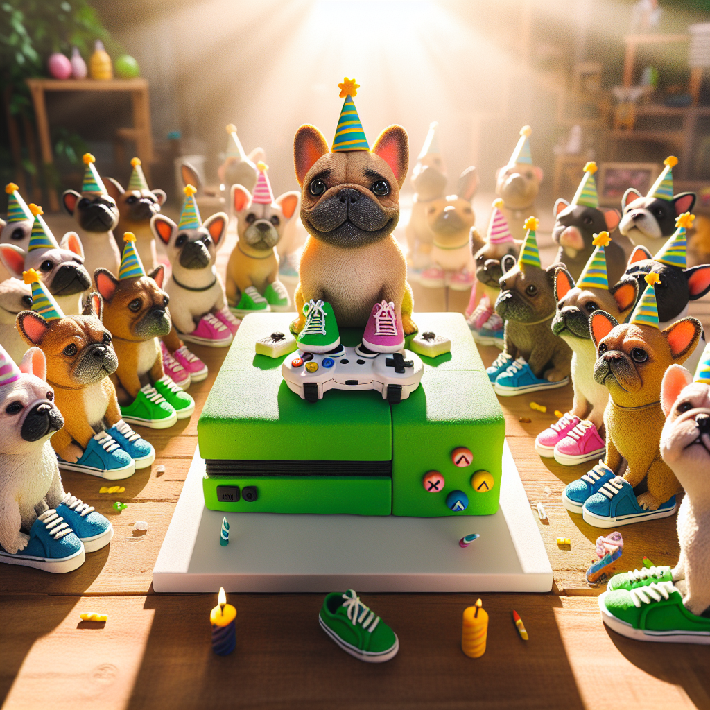 Create a fun and whimsical birthday party scene. At the center of the party is a playful group of French Bulldogs sporting miniature versions of trendy skater shoes and party hats. These merry dogs are excitedly gathering around an unusual centerpiece: a birthday cake designed to resemble a popular gaming console, painted in a vibrant shade of green. Sunlight permeates the scene, casting a warm, cheerful glow that lights up the entire scene, creating an atmosphere of joyful celebration.
Generated with these themes: Rick and morty, french bulldogs, Xbox, vans trainers, sunshine.
Made with ❤️ by AI.