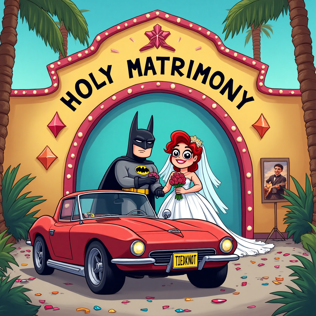**Prompt for Image Creation:**

Create a vibrant cartoon scene set in a whimsical Las Vegas wedding chapel. At the center, a quirky, cartoon-style Batman officiates the wedding, holding a bouquet of roses instead of his usual gadgets. To his right, a gleeful red-headed bride in a playful, exaggerated wedding gown with a veil flowing like a superhero cape. Next to her, the dashing groom with brown hair, sporting a tuxedo with a flashy, oversized bow tie, and playful sunglasses, as if he's the coolest sidekick in town.

In the foreground, a classic red Corvette parked, its license plate reading "TIEDKNOT". The car is surrounded by an array of colorful confetti and quirky Vegas landmarks, like a mini-Eiffel Tower and a neon sign of Elvis playing the guitar.

Above the scene, in a fun, bold cartoon font: "Holy Matrimony, Batman!"
Generated with these themes: Vegas, batman, corvette, red head girl, brown hair boy, and .
Made with ❤️ by AI.