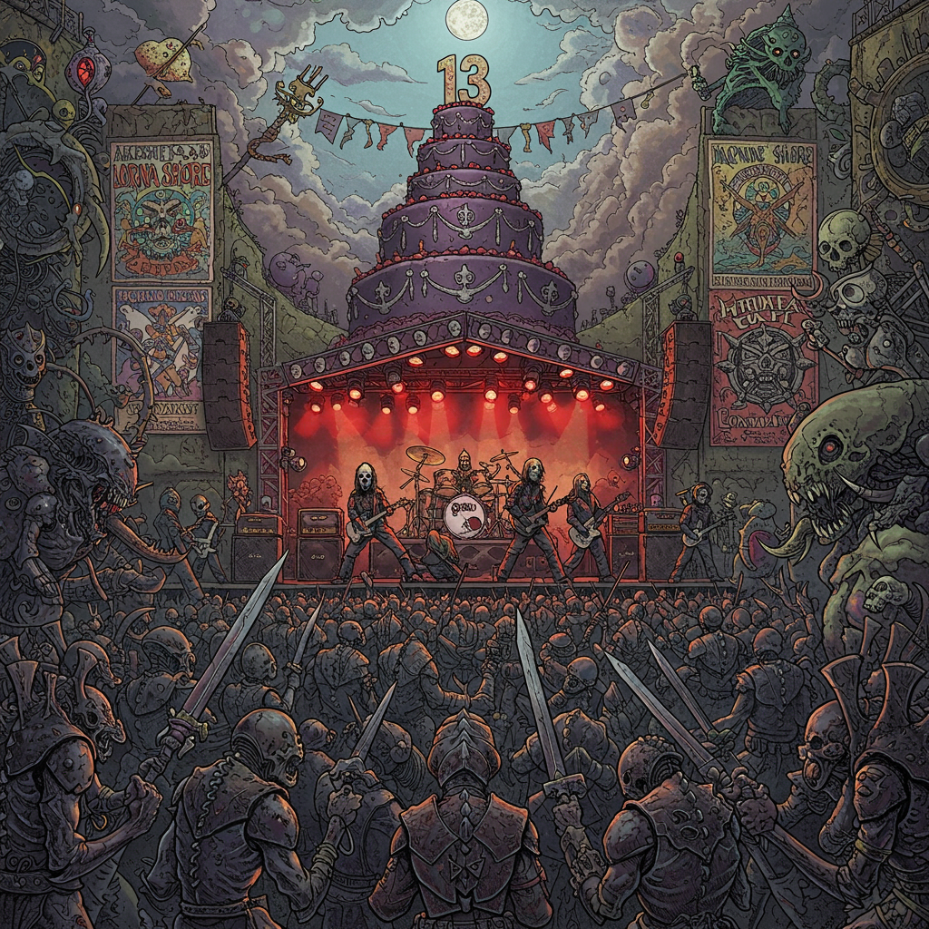 The card's cover bursts with an imaginative clash of the fantastical and the heavy metal universe. In the foreground, a group of Warhammer Tyranids is gathered, each creature uniquely detailed with their chitinous exoskeletons, barbed limbs, and alien features rendered with intricate line work reminiscent of Aubrey Beardsley's style. They stand with rapt attention, their multifaceted eyes fixated on the stage.

On the stage, members of Slipknot are mid-performance, decked out in their iconic masks and jumpsuits, each mask intricately detailed to capture their distinctiveness. The stage is lit with intense spotlights in vibrant hues of red and purple, casting dynamic shadows over the scene.

Above and around the stage, the background is adorned with large, hand-drawn posters advertising Machine Head and Lorna Shore concerts. These posters exhibit an old-school rock poster style, with bold typography and striking imagery, reminiscent of Maurice Sendak's whimsical yet sophisticated compositions.

Central to the scene, towering above the crowd, is an enormous birthday cake, extravagantly decorated. The cake has a dark, gothic design with rich, deep purples and blacks, accented with metallic silver icing, capturing the grandeur of a Maxfield Parrish landscape. Perched atop the cake, the number "13" is crafted in a grandiose gothic font, its surface glinting in the stage lights.

Amongst the crowd and stage elements, a banner stretches high above, like a cloud across the night sky, whimsically adorned in the Beatrix Potter fashion, with the name "Travis" hand-lettered in a bold, playful script that stands out against the complex scene.

The background features a dreamlike fusion of rock concert and fantasy world, with swirling clouds and strange, otherworldly flora, echoing the fantastical landscapes of Arthur Rackham. Every corner of the scene is filled with complex textures and detailed shading, drawing the viewer's eye into the layered depths of this metal-meets-fantasy birthday celebration.
Generated with these themes: Warhammer Tyranids at a concert, watching the band Slipknot. There are posters for the bands Machine Head and Lorna Shore. There is a big cake with the number 13 on top, and .
Made with ❤️ by AI.