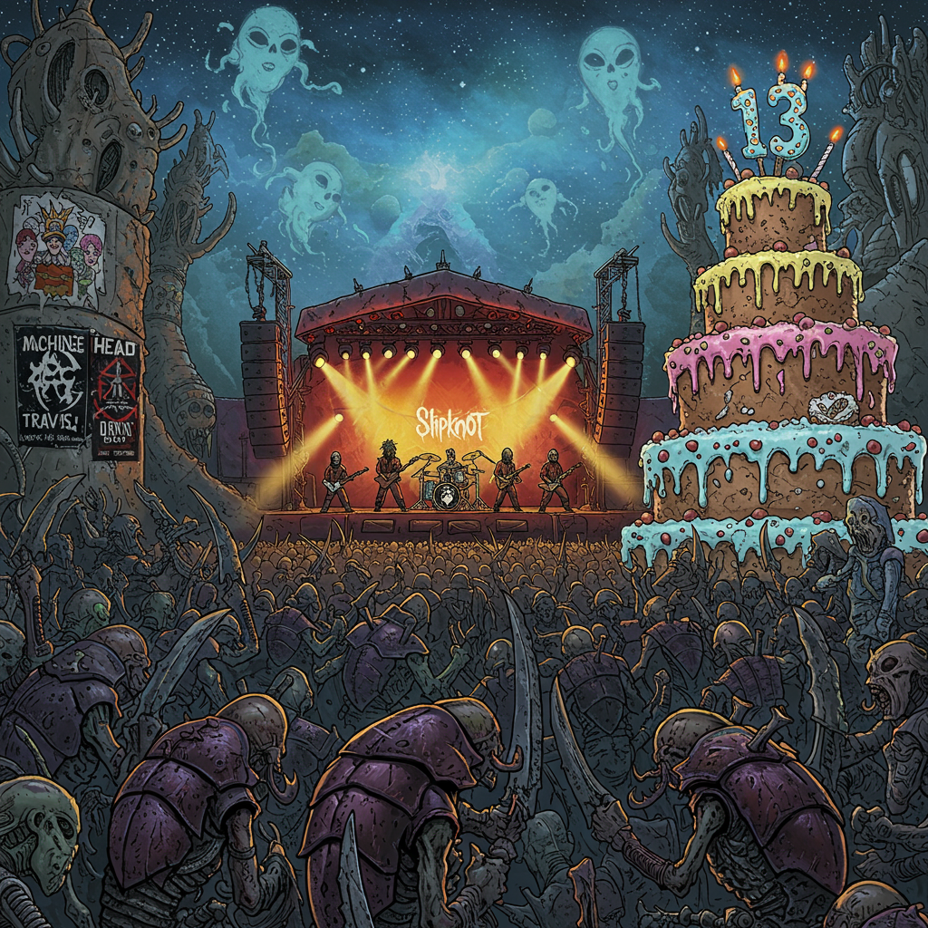In the foreground, a lively and bustling scene unfolds at an alien rock concert. At the center, the detailed illustration captures a group of Warhammer Tyranids, their chitinous exoskeletons gleaming with shades of dark purples and greens, reminiscent of iridescent beetles. They are gathered in animated clusters, claws aloft, seemingly captivated by the spectacle on stage.

On stage, the band Slipknot is depicted with exaggerated theatrical flair. The band members are clad in their signature masks and jumpsuits, rendered with intricate attention to detail, their instruments gleaming under vibrant, concert-stage lighting. The stage itself is a chaotic riot of bright reds, yellows, and blacks, with jagged spotlights cutting through a haze of smoke.

Scattered throughout the crowd, posters for Machine Head and Lorna Shore are plastered haphazardly on towering, alien structures that form the backdrop, blending metallic and organic motifs that curl and twist upward like bizarre, otherworldly trees.

To the side of the scene, a gigantic birthday cake commands attention. It's festooned with layers of gooey, multicolored icing in electric blues, pinks, and yellows. Atop the cake, the number "13" stands in bold, luminescent digits that pulsate gently with light. The word "Travis" is cleverly integrated into this display, written in icing across the cake’s lower tier, a playful nod amidst the alien chaos.

In the background, the sky is a surreal blend of swirling blues and purples, echoing the galactic setting. Nebulae-like patterns shift and shimmer, dotted with distant stars, lending an expansive sense of cosmic wonder. Scattered across the sky, faint, ghostly images of Machine Head and Lorna Shore band logos seem to float, their ethereal presence adding to the fantastical theme.

This detailed and expressive illustration merges the eccentricity of a rock concert with the surreal, imaginative landscapes reminiscent of the artists and movements that inspire it.
Generated with these themes: Warhammer Tyranids at a concert, watching the band Slipknot. There are posters for the bands Machine Head and Lorna Shore. There is a big cake with the number 13 on top, and .
Made with ❤️ by AI.