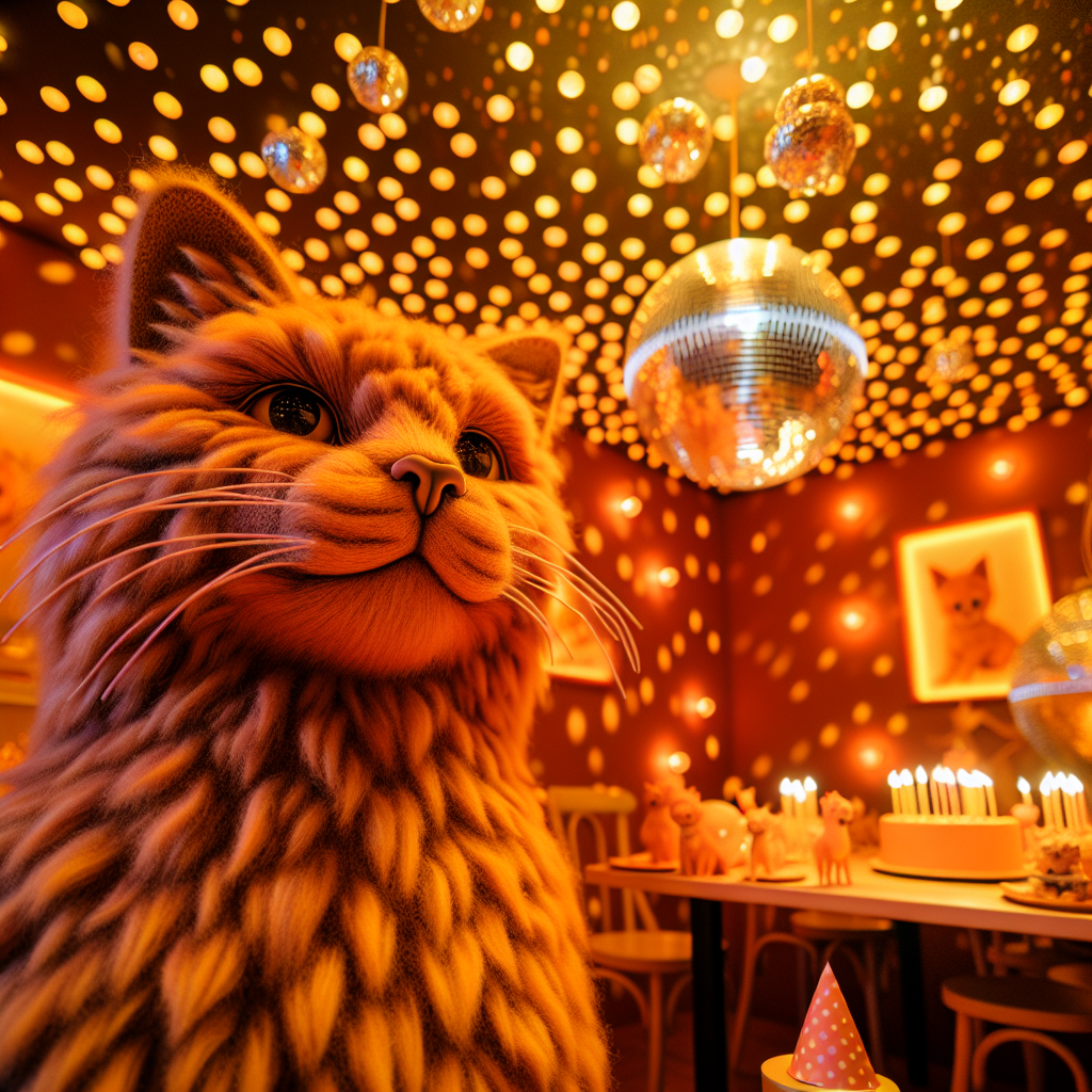 Imagine a warm and inviting birthday scene filled with life-like elements and a sprinkle of whimsical delight. The central figure of the celebration is a ginger cat with fur that has a soft animal print texture, catching the light in a similar manner to the overhead disco balls. The room is immersed in a warm, vibrant orange light, creating playful patterns on the walls. The guests are wearing temporary tattoos that enhance the feline theme, and the room is decorated with cat-shaped ornaments, contributing to the charming atmosphere.
Generated with these themes: Ginger cat , Disco balls , Tattoos, Orange, Animal print, and Cats.
Made with ❤️ by AI.