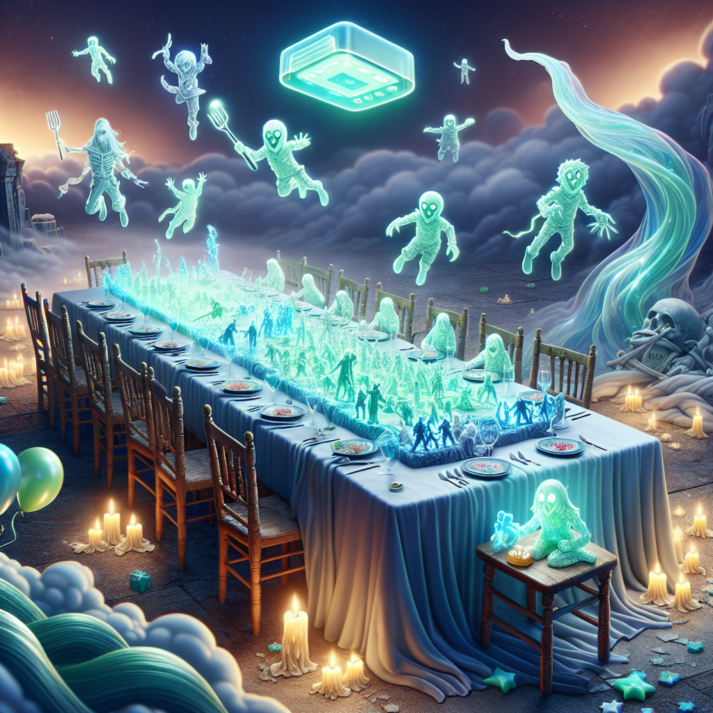 An image represents an enchanting scene from a birthday celebration. A ghostly long dinner table stretches out across a vast landscape cloaked in clouds. Unspecified toy soldiers, reminiscent of fantasy tabletop games, are scattered across the table mimicking a battle upon the candlelit terrain that looks like marbled fondant. Alongside this table, there is a phantasmal, transparent gaming console glowing in alien green, casting an unearthly shine on the setting. Surrounding it are ribbons, bending and twisting into shapes that recall well-known gaming symbols. Floating around are glowing entities, bearing a resemblance to balloons, but armored in a style similar to fantasy tabletop game figures. These entities float upwards gently, and when touched, burst into presence of presents.
Generated with these themes: Warhammer, and Xbox.
Made with ❤️ by AI.