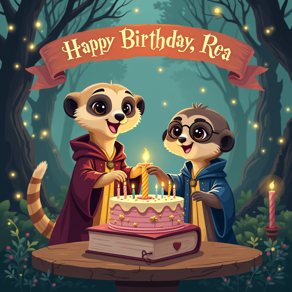 In this whimsical cartoon birthday scene, set amidst a magical landscape reminiscent of the Hogwarts grounds, a charming meerkat and an endearing sloth are the stars. The meerkat stands on its hind legs, exuding cuteness with a joyful grin. Both are donned in Harry Potter-style robes; the meerkat's robes are a deep maroon with golden accents, while the sloth sports a royal blue robe, its edges embroidered with silver threads. The sloth's round spectacles give it an air of intellectual curiosity, a nod to its wise, laid-back demeanor. They are holding hands, their paws meeting in a tender gesture of friendship. Above them, floating in the sky is a large, colorful banner that reads "Happy Birthday, Rea!" The letters of Rea’s name are sparkling with enchantment, twinkling like stars. Around them, hovering candles light up like wizarding world fireflies, casting a warm glow. In the background, a large, ornate cake shaped like a spellbook is perched on a table, its icing decorated with wand-shaped patterns and tiny chocolate frogs. The whole scene is framed by the silhouette of an ancient, magical forest, where enchanted creatures peek out curiously, celebrating this special day alongside our wizardly duo.
Generated with these themes: A cute meerkat is saying happy birthday to a cute sloth, They are both wearing Harry potter style robes, and They are both smiling, and they are both holding hands, and The sloth has glasses .
Made with ❤️ by AI.