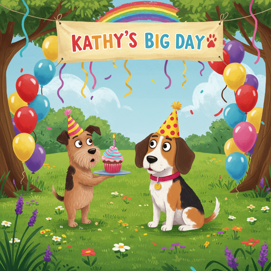 **Front Cover Design: "Kathy's Doggone Birthday Bash"**

**Central Scene:**
Imagine a lively, cartoon-style scene where two animated dogs are the stars of a vibrant birthday celebration. The dogs are portrayed with exaggerated features: one with large floppy ears and a spotted coat, resembling a beagle, and the other a scruffy terrier with bushy eyebrows and an overly wagging tail.

**Foreground Elements:**
1. **Beagle Dog:** The beagle sits in the center wearing a colorful, oversized party hat adorned with polka dots in bright yellows and reds. Its ears are comically large, flopping out from beneath the hat. 
2. **Terrier Dog:** The terrier stands on its hind legs to the left of the beagle, balancing a tray with a large cupcake, the frosting piled high in swirls of pink and blue. The terrier's eyes are wide and exaggerated, filled with curiosity and eagerness.

**Background Elements:**
- **Banner:** A large, vibrant banner stretches across the top of the scene, swinging between two trees. The banner reads “Kathy’s Big Day” in bold, playful letters with each letter being a different color of the rainbow.
- **Balloon Arch:** Behind the dogs, a whimsical arch made of balloons in every imaginable color forms a rainbow. Each balloon is slightly larger than life, with a glossy sheen that reflects the sunlight.
- **Streamer Explosion:** Multicolored streamers crisscross through the air, draped from tree branches, adding an element of cheerful chaos to the background.

**Additional Details:**
- **Ground:** The ground is a lush, grassy field with tiny, scattered flowers of various hues—lavender, daisy white, and daffodil yellow—dotting the landscape.
- **Trees:** In the background, two cartoon-style trees with exaggeratedly wide trunks and large, rounded green canopies frame the scene.
- **Sky:** The sky is a soft, cerulean blue with a few fluffy, cotton candy clouds drifting by. 

**Text Integration:**
- The name “Kathy” is creatively included in the scene. It appears written in the frosting on the cupcake, with each letter made from a different color, matching the hues of the balloons.

This scene captures the joyful chaos of a cartoon birthday party, complete with two endearing canine friends. The style blends the quirky, exaggerated features of cartoon classics with vibrant, engaging colors and intricate, playful details, all inspired by a mix of beloved comic and cartoon artists.
Generated with these themes: Two dogs with birthday decorations .
Made with ❤️ by AI.