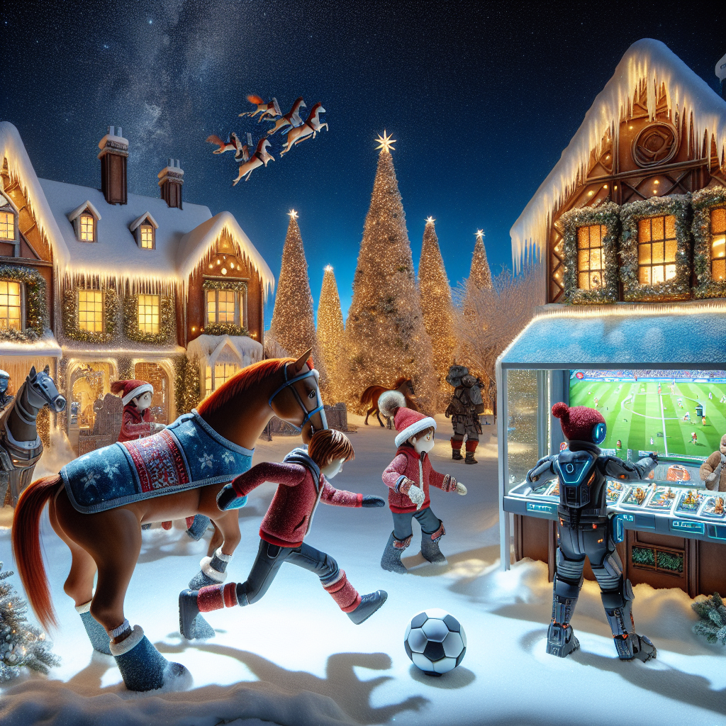 Beneath a starry Christmas sky, a charming snow-covered village is brought to life with horses wearing Santa hats playing a friendly game of soccer in the foreground. Nearby, children dressed in winter clothing reminiscent of Star Wars characters play a virtual reality game, their laughter filling the air. The scene features storefronts with mannequins showcasing the latest fashion trends in clothes, lit by twinkling lights that create a warm, inviting glow. In the corner of the scene, an intricate gingerbread house replicates an iconic gaming console, adding a whimsical touch to this festive illustration.
Generated with these themes: Horses , Soccer , Gaming , Clothes , and Star wars.
Made with ❤️ by AI.