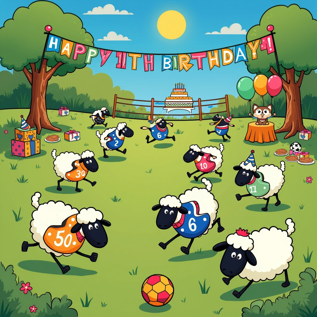 In a lush green meadow reminiscent of Charles Schulz's rolling fields in Peanuts, a vibrant and bustling birthday party unfolds. The scene centers around an energetic soccer match with a whimsical twist. In the middle of the field, eleven cute sheep wearing colorful, numbered jerseys are enthusiastically playing soccer, their woolly bodies bouncing as they chase a bright, polka-dotted soccer ball. Each sheep has unique characteristics, such as a bow tie, glasses, or a birthday hat, bringing a touch of Bill Watterson's playful individuality to the characters.

To the right of the soccer field, a decorated wrestling ring is set up, complete with red, white, and blue ropes reminiscent of a classic wrestling arena. Two of the sheep, slightly more muscular and donning tiny wrestling masks, are in a playful grapple, echoing the dynamic action found in Osamu Tezuka's works. The wrestling match is refereed by a small, wise-looking owl perched on the ring's corner, a nod to Gary Larson's quirky animal characters.

In the background, a large, rainbow-colored banner stretches across two trees, reading "Happy 11th Birthday!" in bold, cartoonish letters inspired by Hergé’s clean lines and clarity. A table nearby is laden with an array of birthday goodies: a towering cake with eleven candles, plates of cookies shaped like soccer balls, and gift boxes wrapped in bright, playful patterns.

Among the guests, a few other forest animals, like a raccoon holding a balloon and a fox wearing a party hat, mingle and cheer, adding a communal vibe similar to the diverse, lively scenes in Walt Disney's works. Above them, a line of colorful pennant flags flutters in the gentle breeze, reminiscent of the detailed backgrounds in Winsor McCay's illustrations.

The sky is a brilliant blue, with a few fluffy white clouds, and a golden sun shining brightly, giving a crisp, vibrant atmosphere to the entire scene, inspired by the timeless charm of Will Eisner's graphic novels. The foreground features a playful Calvin and Hobbes-inspired moment, with a sheep tripping over the ball and another one laughing, capturing a snapshot of carefree joy.

Overall, the card cover is a delightful blend of birthday cheer, soccer fun, and wrestling excitement, brought to life with detailed, engaging elements that tell a lively and unique story.
Generated with these themes: Cute, Sheep, Birthday, Soccer , Eleven, and Wrestling.
Made with ❤️ by AI.