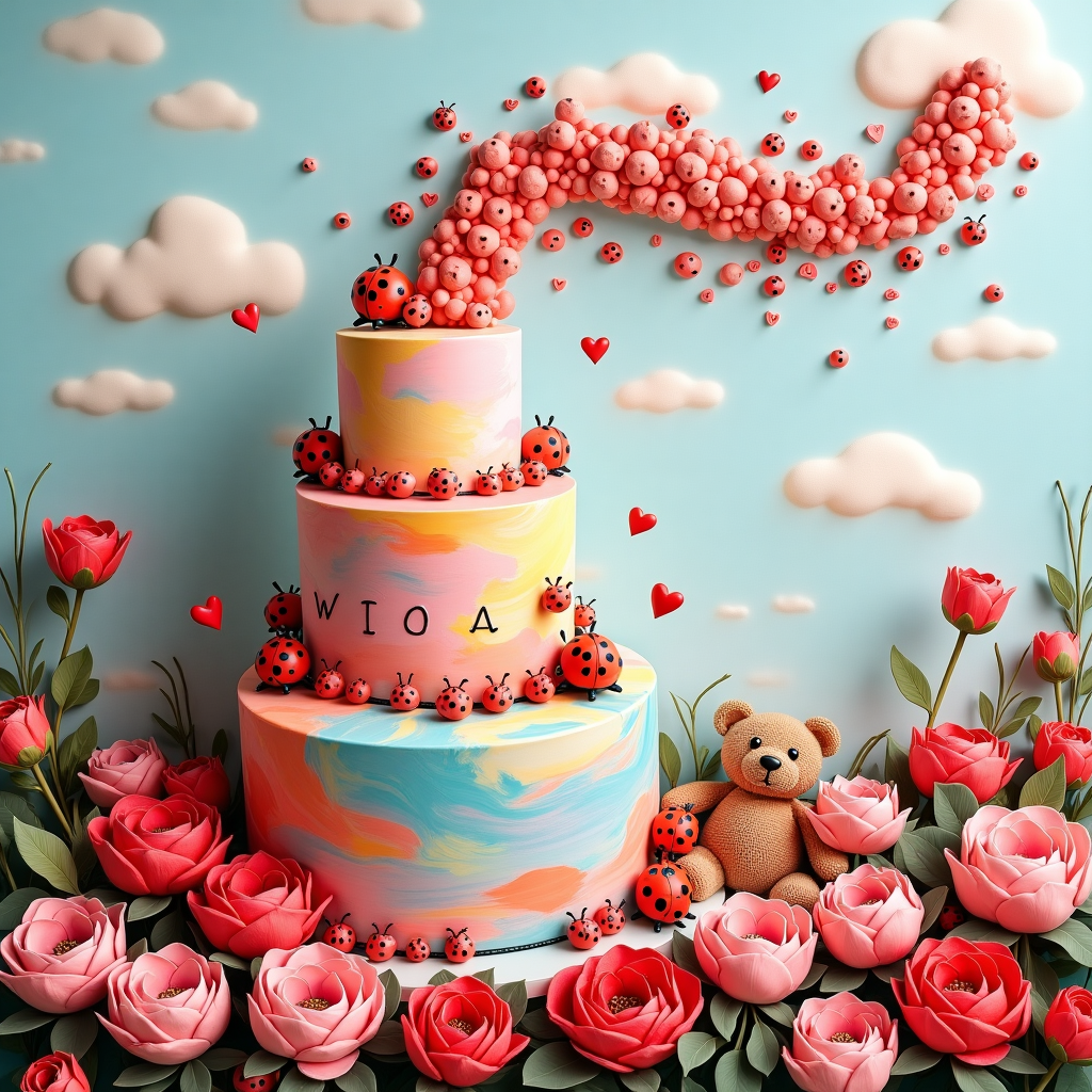 In this whimsical birthday scene, the canvas is a vibrant tapestry of abstract delight, taking inspiration from the bold and imaginative strokes of renowned artists. Imagine a garden that melds into an ethereal confectionery dreamscape. At the heart of this tableau, a towering, multi-tiered cake stands proudly, frosted in swirling pastel hues reminiscent of a Jackson Pollock masterpiece. Scattered across the cake are ladybugs crafted from glossy fondant, their tiny black dots stark against their crimson shells, marching with intent as if on a sweet pilgrimage.

Peonies in rich, Kandinsky-inspired colors burst from the cake’s layers and extend beyond, their petals curling in geometric perfection like Mondrian lines, weaving a pattern of nature and sweetness. Among the blossoms, small, delicate love hearts, each a different shade of Rothko’s reds and pinks, cascade down like confetti, their hues deepening and blending as they descend.

A very small teddy bear, with a fluffiness akin to a de Kooning brushstroke, sits playfully at the base of the cake, almost hidden among the petals, its arms open in a welcoming embrace. Above this charming scene, a trail of ladybugs ascends into the sky, forming a whimsical path of red and black dots that lead to fluffy, Miró-style clouds. Within these clouds, the name "Wiola" appears, each letter formed by swirling, Twombly-esque strokes of vibrant colors, seamlessly blending into the sky.

The background is a Richter-like expanse of soft, dreamlike blues and whites, suggesting an endless sky, punctuated by the organized chaos of colorful, abstract shapes that echo Agnes Martin's structured simplicity. These elements come together to create a scene that is as much a celebration of life as it is a tribute to the beauty of art, perfectly encapsulating the joyous spirit of Wiola's birthday.
Generated with these themes: Ladybugs , Peonies, Baking Cakes, Love Hearts, and Very small teddy bear.
Made with ❤️ by AI.