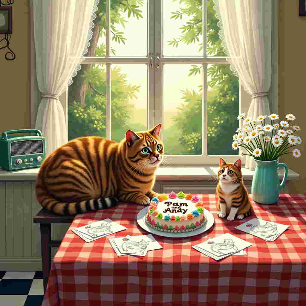 Imagine a cozy, sunlit kitchen table as the focal point of the scene, filled with a delightful array of details. Center stage is a rotund tabby cat, lounging regally on the tabletop, its plush fur a medley of caramel, tawny, and charcoal stripes. Its piercing green eyes gaze intently at a half-eaten cake, adorned with vibrant pastel frosting swirls and delicate edible flowers.

The cake itself is a delightful spectacle, with the words "Pam and Andy" piped in bold, luscious chocolate ganache across the top. Around the cake, a cluster of quirky thank-you cards lies scattered, each featuring quirky doodles of cats, with their whiskers and tails drawn in exaggerated, playful loops.

Behind this charming scene, a large window framed by white lace curtains reveals a glimpse of a lush garden, where the sunlight dances through the leaves of an old oak tree. The sunlight filters in, casting dappled shadows and bathing everything in a warm, golden hue. A small vase nearby holds a bunch of freshly picked daisies, their white petals stark against the deep blue ceramic of the vase.

On the edge of the table, a glossy, red-checkered tablecloth spills over, hinting at the rustic charm of the setting. The floor is a checkerboard of black and white tiles, polished to a shine, reflecting subtle glints of the ambient light. In the corner of the scene, a vintage-style radio, in mint green with silver knobs, quietly sits, adding a touch of retro charm to the illustration.
Generated with these themes: tabby cat.
Made with ❤️ by AI.