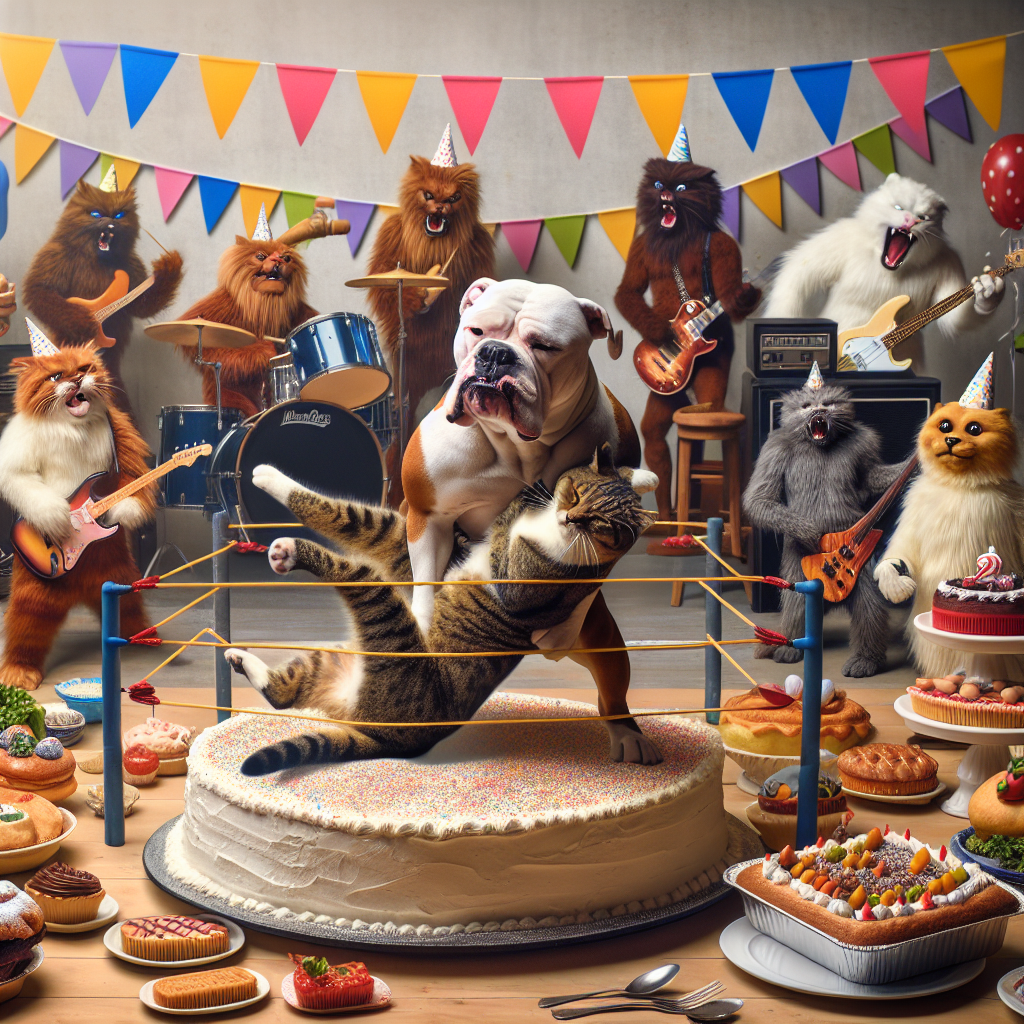 Create an image capturing a humorous and festive birthday scene. In this scenario, a sturdy brown and white American bulldog is hilariously involved in a wrestling bout with a determined cat. This combat situation ironically takes place amidst various kitchen utensils and ingredients, signifying a culinary face-off. Overhead, there's a feline rock band in full swing, enhancing the wild entertainment quotient of the event. The epicenter of this celebration is a colossal birthday cake where the tension-filled duel is unfolding. Completing the ambience, there are streamers, food-themed decor, and a lively audience of anthropomorphic pastries, candies, and other treats providing enthusiastic support.
Generated with these themes: Brown and white American bulldog , Wrestling , Rock music , Food, Cooking , and Cats.
Made with ❤️ by AI.