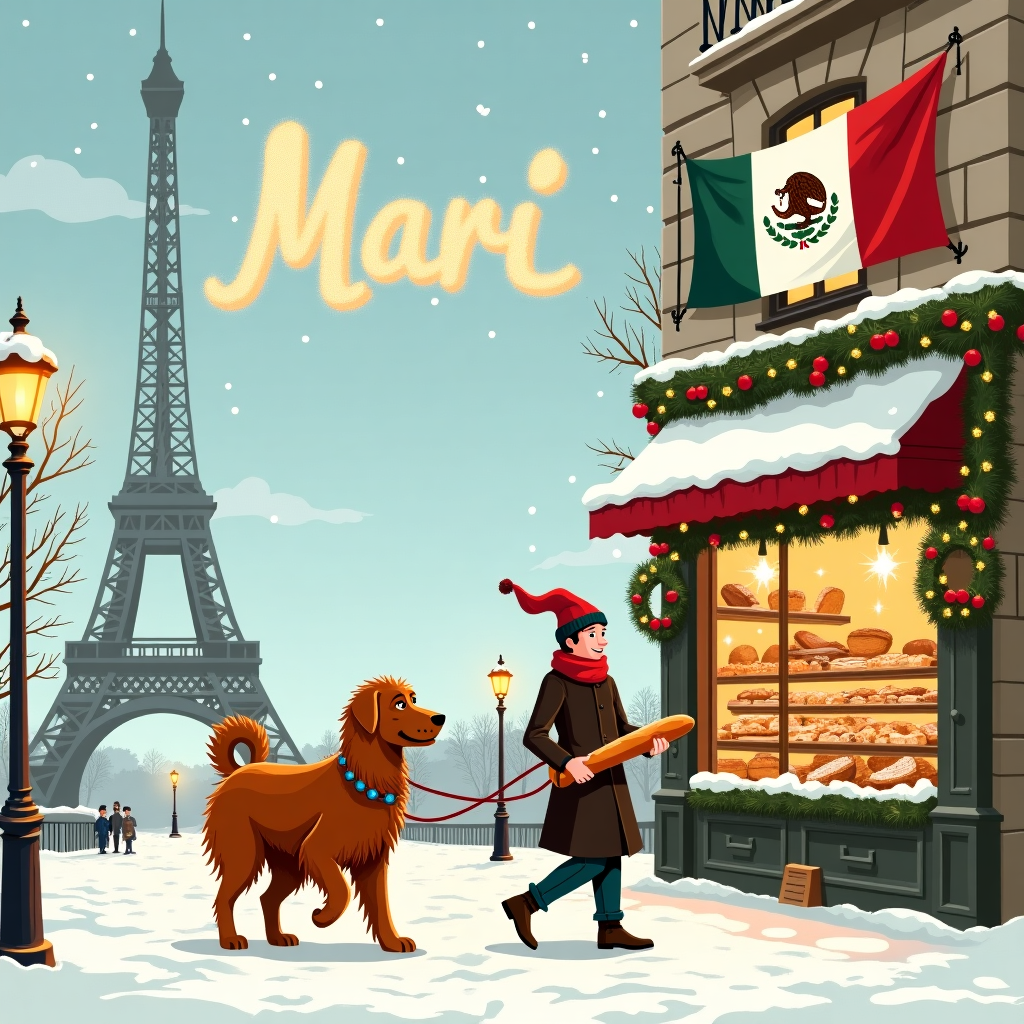 Red Afghan Hound, Bread, Eiffel Tower, and Flag of Mexico Christmas Card