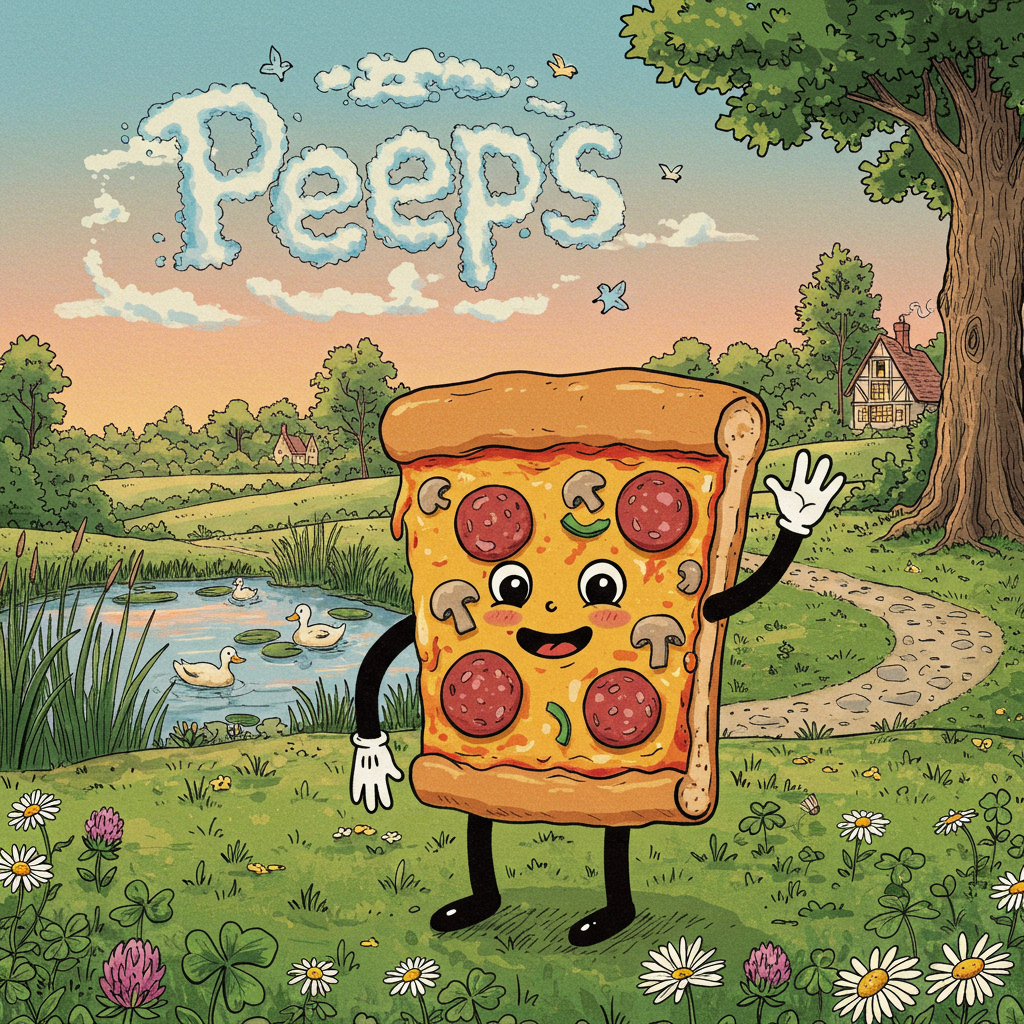 In the foreground of the sympathy card, imagine a hand-drawn, cartoon-style square pizza slice. The pizza slice is detailed with toppings: pepperoni, mushrooms, and bell peppers, all with visible, comical features like googly eyes and wide, friendly grins. The crust of the pizza is thick, fluffy, and golden brown, with a slight sheen to it. Its arms are comically long and floppy, with gloved cartoon hands, one of which is raised in a gentle wave.

The setting is a charmingly quirky, hand-drawn park scene. The pizza slice stands on a lush, textured lawn dotted with delicately sketched daisies and clovers. In the background, a small pond reflects the vibrant hues of a vivid, late afternoon sky. A flock of whimsical, stylized ducks with tiny, top-hatted heads paddle across the water.

A narrow, cobblestone path weaves its way through the scene, leading to a distant, cozy, half-timbered cottage, reminiscent of Beatrix Potter's quaint, English countryside cottages. Beside the cottage, a towering, grand oak tree stretches its branches, sketched with detailed, swirling lines, in the style of Arthur Rackham.

Suspended high in the sky, a whimsical, fluffy cloud formation takes the shape of the word "Peeps," rendered in soft, watercolor-like strokes of pastel blue and pink, suggesting a gentle breeze. The letters are adorned with small, fluttering birds, each sketched with a nod to Edward Gorey's playful yet slightly dark style.

The scene is a rich tapestry of lively, intricate details, combining Norman Rockwell's narrative warmth and Quentin Blake's playful, expressive lines, wrapped in a harmonious, vintage palette reminiscent of Maxfield Parrish's soft, glowing colors.
Generated with these themes: Square pizza waving.
Made with ❤️ by AI.