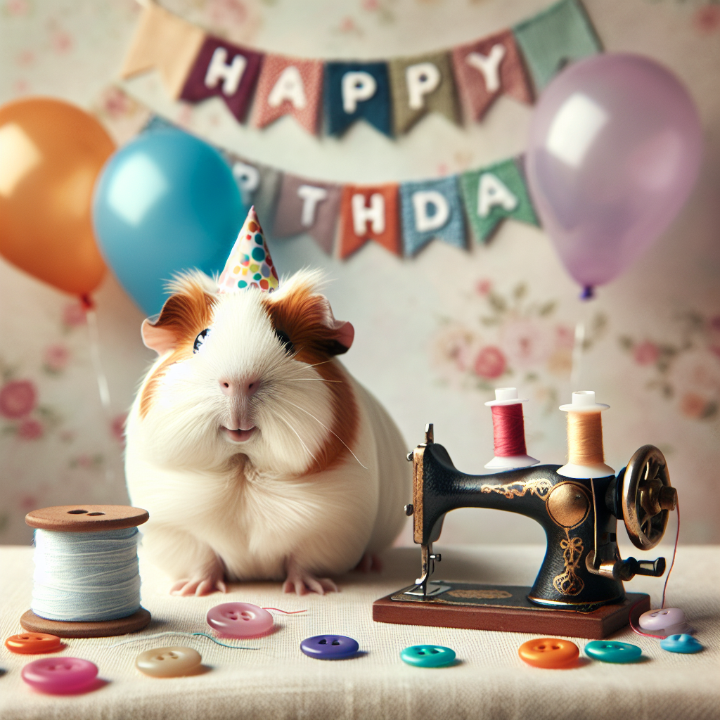 A plump, cheerful guinea pig sits amidst a festive birthday setup. It is wearing a tiny, colorful party hat, and beside it, a miniature sewing machine with stray threads is set up, suggesting a craft-themed celebration. Above float balloons, designed to look like buttons and spools of thread. In the background there's a fabric banner displaying 'Happy Birthday', adding to the charming, homemade atmosphere of the scene.
Generated with these themes: Guinea pig , and Sewing .
Made with ❤️ by AI.