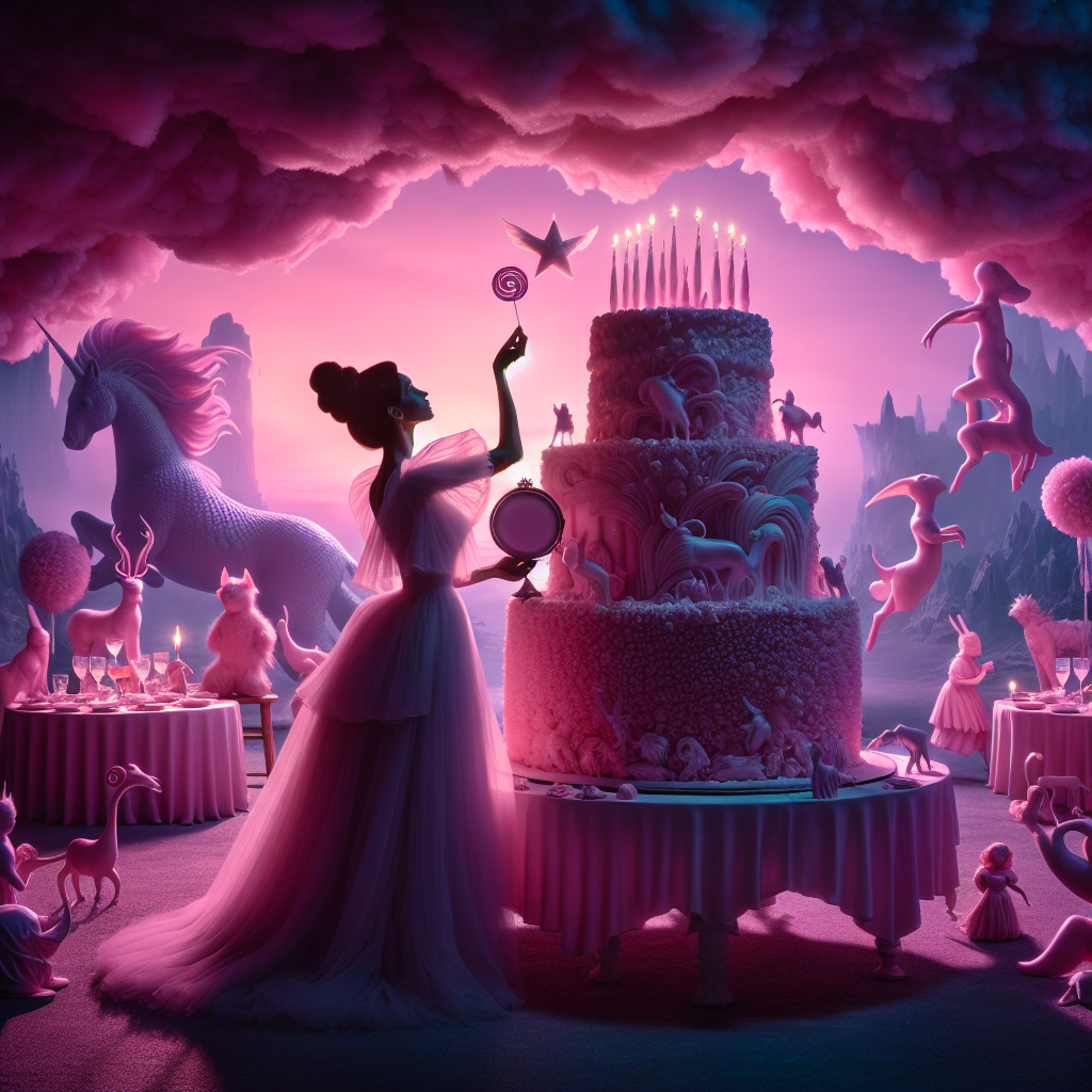 A twilight surrealist landscape unfolds, bathed in a soft pink aura that originates from a celebratory banquet table set for a festive occasion. Silhouettes of fantasy creatures frolic in the backdrop, a subdued watermark beneath the cotton candy cloud cover. Dominating the scene, a dreamlike three-tier cake stands, adorned with whimsical edible pink fantastical animal figures dancing around its edges. A woman of Caucasian descent, her attire ethereal and airy, cradles a cartoonish round device in her hand as she prepares to extinguish the sparkling, star-like candles perched atop the cake.
Generated with these themes: Britney , Pink, and Pokemon.
Made with ❤️ by AI.