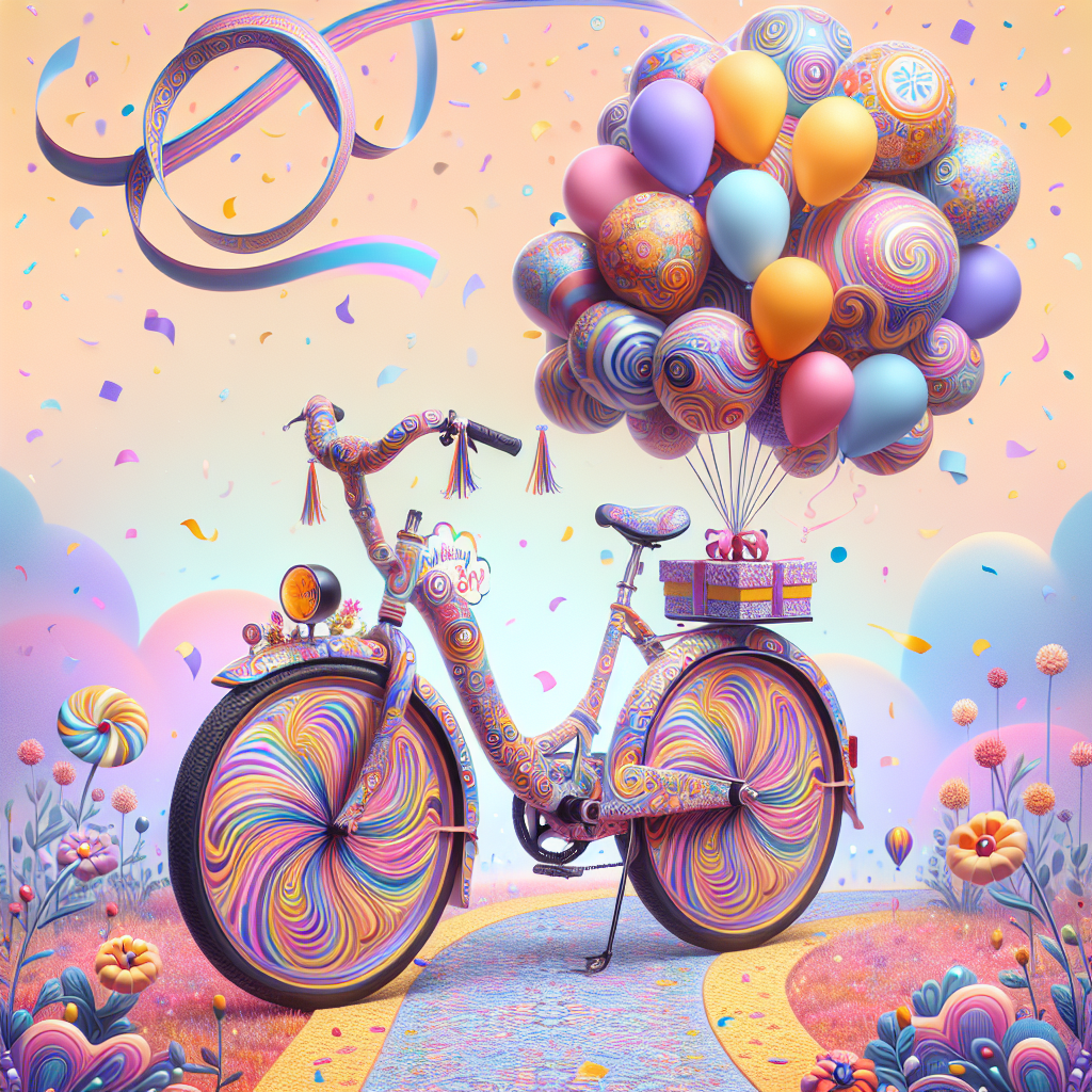 Illustrate a whimsical birthday-themed scene with a charming hybrid bicycle at the center. The bicycle should exhibit vibrant psychedelic patterns swirling across its frame and wheels. Enhance the festive look by adding balloons and streamers dangling from the handlebars. The backdrop should include pastel hues with confetti scattering in the air, thereby suggesting a celebratory atmosphere. The bicycle is stationed on a winding path filled with flowers that appear to sway under the influence of the psychedelic art. All elements should work together to create a joyful, dreamlike celebration.
Generated with these themes: Hybrid bicycle, and Psychedelia.
Made with ❤️ by AI.