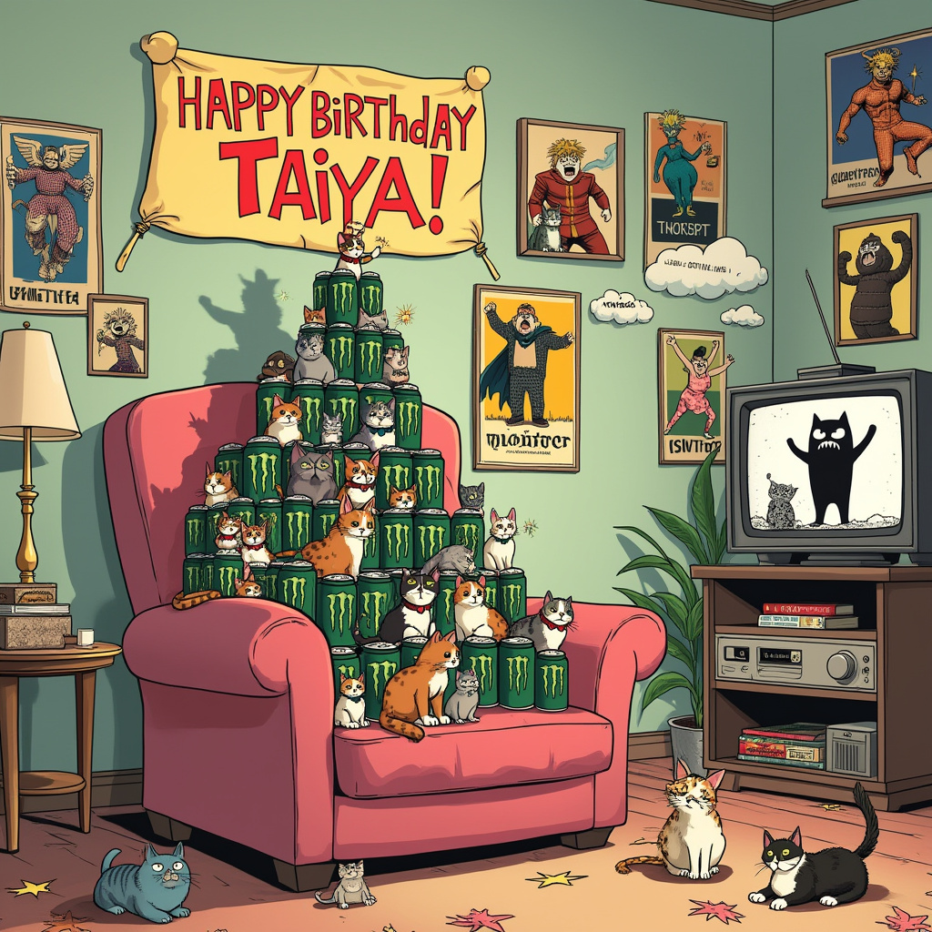 In the whimsical realm of birthday mirth, the scene unfolds in an eccentric living room that is both cozy and chaotic. The walls are painted in a pastel hue with an array of vintage posters featuring anime-styled heroes in action poses, reminiscent of Osamu Tezuka's dynamic characters. A plush, oversized armchair sits at the room's center, resembling a throne, enveloped in an avalanche of cats with expressions ranging from curious to comically disinterested. Each feline sports a small accessory—a bow tie, a pair of glasses, or a tiny birthday hat—paying homage to Gary Larson's quirky humor. 

On the table next to the armchair, there’s a towering pyramid of Monster Energy cans, cleverly fashioned to resemble a cake, complete with a single, massive sparkler poking out from the top, inspired by the explosive whimsy of Bill Watterson’s illustrations. The centerpiece of this delightful chaos is a colorful banner hanging overhead with the words "Happy Birthday Taiya!" boldly lettered in the style of a cartoonish scroll. Each letter is shaped like a cartoon cat, their tails and whiskers adding flair, a playful nod to Charles Schulz's ability to bring characters to life with personality.

Floating above the scene, in the airy lightness of Hergé's linework, are clouds shaped like playful cats with the name "Taiya" subtly spelled out within their fluffy outlines. In the background, a vintage television displays a black-and-white monster movie, its imagery drawn in the striking contrast of Art Spiegelman's graphic novels, adding an additional layer of humor with a feline character comically reacting to the on-screen chaos. All these elements come together to create a lively, humorous tableau that celebrates the introvert's delight in a world of cats and energy drink-fueled fun.
Generated with these themes: Introvert with lots of cats and monster drinks.
Made with ❤️ by AI.