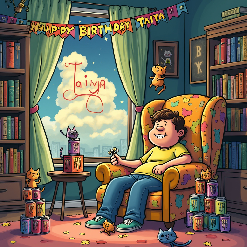 In this whimsical cartoon birthday scene, we find ourselves in a cozy, softly lit living room, clearly the sanctuary of an introvert who has mastered the art of peaceful solitude. The room is bustling with character and activity despite its primary occupant being the introvert seated comfortably in an oversized armchair in the center of the scene. This chair is a patchwork of vibrant fabrics, reminiscent of Charles Schulz’s comforting settings, and it has claw marks, hinting at its frequent feline usage. Around this central figure, a chorus of contented cats, each with distinct and quirky personalities, are scattered about: one is perched on the back of the chair, purring lazily, another is peeking curiously out from inside an empty Monster drink box on the floor, and yet another balances precariously atop a tower of empty Monster drink cans stacked high like a modern art sculpture. 

In a nod to Bill Watterson's love for imaginative chaos, one adventurous tabby swings from a colorful string of "Happy Birthday Taiya" bunting that stretches across the room, draped between two towering bookshelves filled with novels and manga—perhaps a collection inspired by Osamu Tezuka. The walls are adorned with posters of cartoon characters from various inspirations, providing a backdrop rich with nostalgia. On a small side table beside the chair, a Monster drink can doubles as a vase, holding a single, wilting daisy—an absurd touch in the spirit of Gary Larson’s humor.

The entire scene is animated with the timeless charm of Disney’s classic color palettes. Through a wide window in the background, we see a twilight sky where fluffy clouds spell out "Taiya" in a fantastical script, echoing the dreamlike quality of Winsor McCay’s work. Each cloud letter is interspersed with soft glowing stars, lending a celestial touch to the scene. This quirky celebration encapsulates the introvert’s love for quietude amidst a playful chaos of cats and energy drinks, all coming together in this one-of-a-kind birthday moment for Taiya.
Generated with these themes: Introvert with lots of cats and monster drinks.
Made with ❤️ by AI.