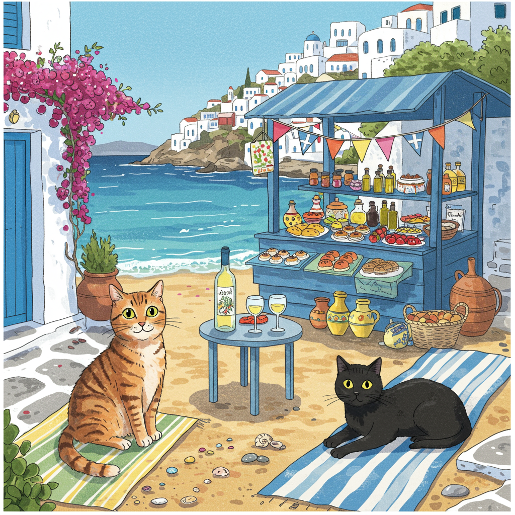 **Front Cover Illustration Description for the Birthday Greeting Card:**

The scene is a lively beach in Greece, filled with vibrant colors and intricate details reminiscent of a Norman Rockwell tableau. The background showcases a classic Greek coastline with brilliant azure waters that sparkle under the midday sun, and the iconic white and blue buildings perched atop a hillside. The white buildings are adorned with bright bougainvillea flowers cascading down, creating pops of fuchsia and magenta against the stark white walls.

In the foreground, two cats are the stars of this birthday-themed scene. On the left, a playful tabby cat sits confidently, its coat detailed with a medley of oranges and browns, mimicking the sun-dappled stones of a Greek village street. Its eyes are large and inquisitive, a deep green, reflecting the surrounding greenery. To the right, a sleek black cat lounges lazily on a striped beach towel, its fur glossy and dark as midnight. Its eyes, a striking amber, seem to absorb the golden light around them.

In between the cats, a quaint, colorful beach shopping stall brims with local delights. Illustrated with the whimsical flair of Quentin Blake, the stall is festooned with bunting flags in shades of seafoam green and lemon yellow. The shelves are lined with vibrant ceramics, traditional Greek olive oil, and fresh pastries, their delicious aroma almost tangible through the image.

Nestled within the scene, a small table holds a bottle of chilled white wine and two crystal-clear glasses, ready to celebrate. The wine bottle, illustrated with Beatrix Potter's attention to detail, bears a label with a hand-drawn depiction of a vineyard, its colors echoing the lush greenery of the Greek landscape.

Scattered throughout the sand, small treasures from the sea—a scattering of polished shells and smooth pebbles—catch the light, adding subtle textures and interest. The sky above is a vast expanse of gradient blues, stretching from a deep cerulean at the top to a softer, pastel hue near the horizon, dotted with wisps of cotton-like clouds reminiscent of Maxfield Parrish's dreamy skies.

This scene is framed with intricate vine-like borders, echoing Aubrey Beardsley's elegant style, intertwining with small olive branches and clusters of grapes, providing a subtle nod to the card's wine-themed celebration. The overall illustration captures the essence of a joyous Greek birthday escapade with a touch of feline charm.
Generated with these themes: 2 cats, one tabby and one black, Greece, beach, shopping, white wine.
Made with ❤️ by AI.