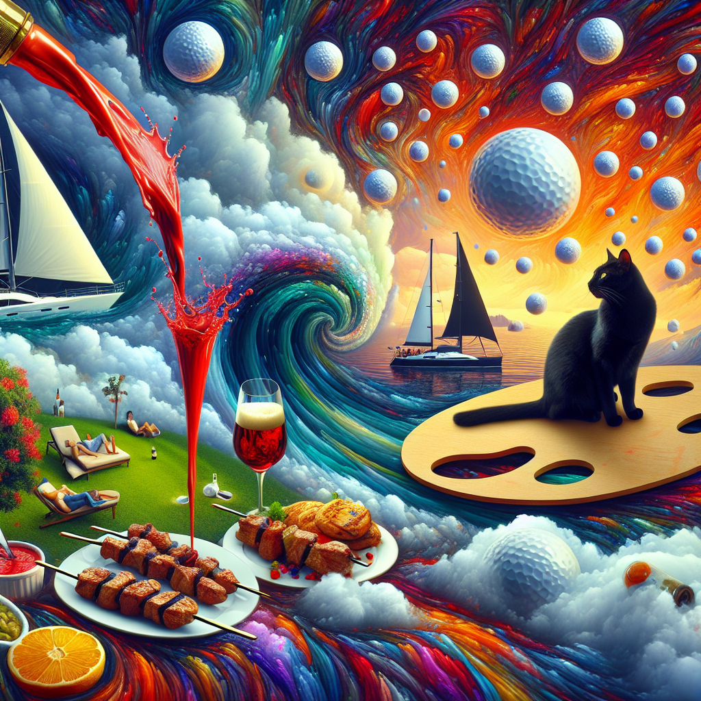 Create a vivid image reflecting Surreal Abstract art. The scene depicts an anniversary with a black cat perched on top of a palette. The palette holds yachts gliding over waves of oil paint. The scene is speckled with golf balls, appearing like scattered pearls, each hitting red wine glasses which pour an eternal stream, symbolizing a fountain of joy. Amidst this vibrant dream, there are succulent kebabs and frothy beers floating in midair, teasing the viewer's senses. A corner of the image shows a peaceful sleep scenario, symbolizing the serene embrace of resting after a day filled with surreal celebration.
Generated with these themes: Black cat, Yachts, Golf, Red wine, Kebabs, Beer, and Sleeping.
Made with ❤️ by AI.