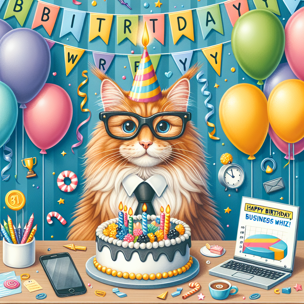 Create a charming illustration that encapsulates the spirit of a birthday celebration with an entrepreneurial theme. The backdrop should feature a vibrant array of balloons and party banners. The centerpiece of this festive scene is a cheerful Maine Coon cat, outfitted with a tiny party hat and a pair of spectacles. This business-minded feline is surrounded by miniaturized versions of essential business tools which include a laptop, phone, and graphics signifying success. Nearby is a cake decorated with a single candle. The icing on the cake should spell out the words 'Happy Birthday, Business Whiz!'
Generated with these themes: Entrepreneur , and Maine coon cats.
Made with ❤️ by AI.