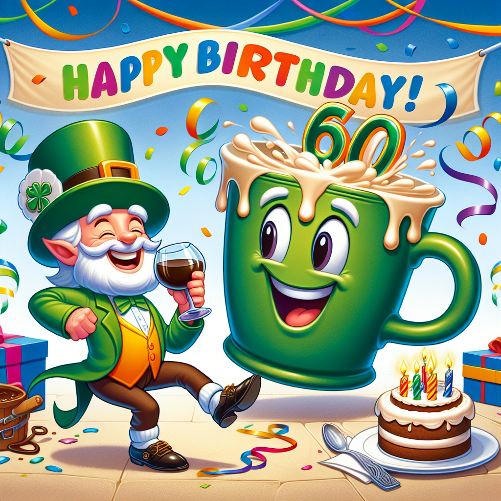 Visualize a vibrant cartoon spectacle themed around a 60th birthday. Included in this festive scene are colorful streamers and a delicious cake. The centerpiece is a cheerful character dressed in classic Irish clothing, energetically performing a dance with a wine glass in hand, the drink amazingly not spilling despite the lively steps. Situated close by, an animated, large coffee mug with a huge smile showcases the text 'Happy 60th!' while releasing a soothing steam. This scene encapsulates themes of happiness, heritage, and the simple joy of enjoying a great coffee.
Generated with these themes: 60th birthday, Irish dancing glass of wine, and Coffee cup.
Made with ❤️ by AI.