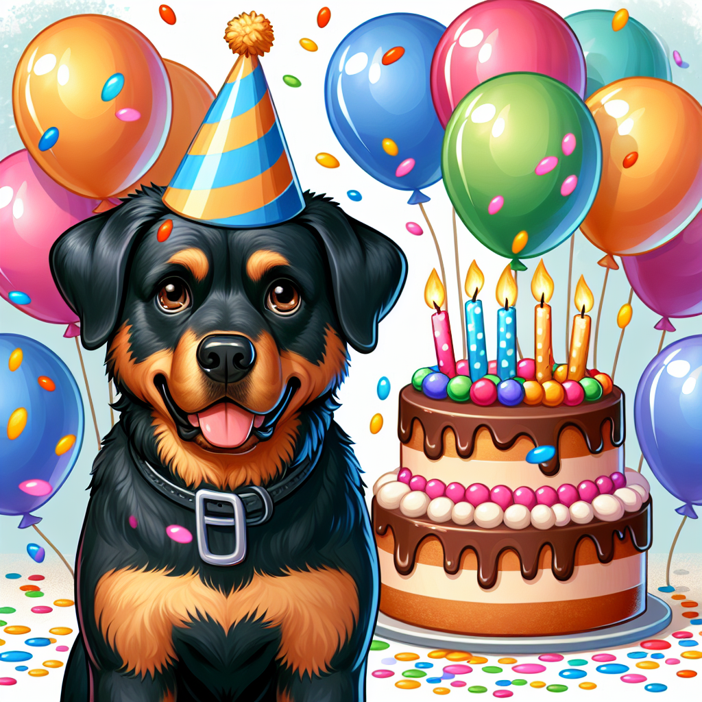 Illustrate a joyful and cartoonish birthday celebration. Central to this scene is a friendly adult Rottweiler mix dog, characterized by its sleek black coat interspersed with tan markings, and heartwarming soft brown eyes. The dog stands in a festive environment adorned with balloons in assorted colors, a massive cake crowned by lit candles, and vibrant pieces of confetti gently cascading down. The scene is further enriched by a party hat worn cheerily atop the dog's head, serving to enhance the mood of festivity.
.
Made with ❤️ by AI.
