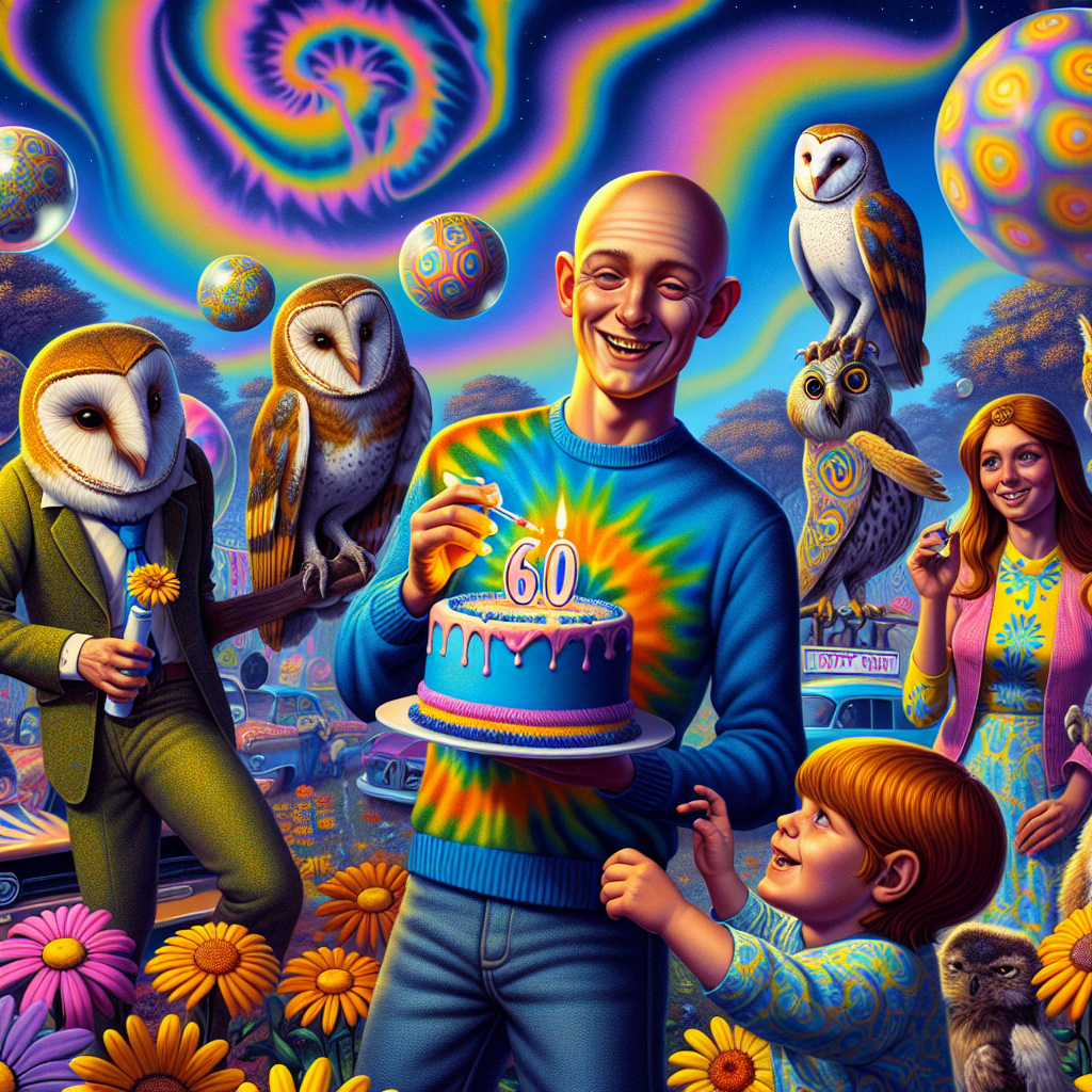 Create a 1960s-themed birthday scene. The sky is vibrantly patterned, swirling above a psychedelic landscape filled with oversized neon-tinted flowers. A group of owls wearing tie-dye waistcoats, are gathered around a young bald man holding a birthday cake with a radiant smile. He's being playfully interrupted by a ginger toddler boy with long hair tugging at his sleeve. Towards the sidelines, a brunette boy is absorbed in a bubble-blowing activity, his bubbles magically transforming into surreal shapes that encapsulate iconic scenes of the 60s era.
Generated with these themes: Owls, The 60s, Bald young man, Ginger toddler boy with long hair, and Brunette boy.
Made with ❤️ by AI.