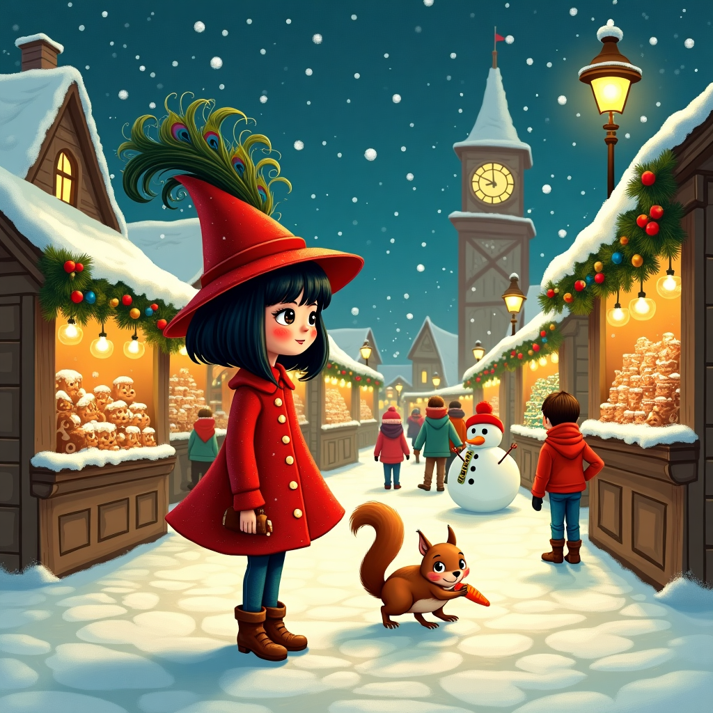 In this whimsical Christmas card scene, a young woman with a striking black bob haircut dons a flamboyant red jacket, its fabric shimmering like freshly polished apples. Her equally vibrant red hat, adorned with an extravagant peacock feather that twirls upward, becomes the centerpiece of her quirky ensemble. She stands in the middle of a bustling Christmas market, with cobblestone paths lined with quaint stalls draped in festive garlands of holly and twinkling fairy lights. 

Each stall offers an abundance of seasonal delights: one is laden with gingerbread men sporting cheeky grins, another displays a rainbow of handcrafted ornaments, and yet another tempts passersby with mugs of steaming mulled cider. In the foreground, a mischievous squirrel, clutching an oversized acorn, darts playfully beneath her feet, leaving tiny paw prints in the thin layer of snow.

Above, the sky is an endless expanse of deep cerulean, flecked with plump, fluffy clouds shaped like comical Christmas elves. The nearby clock tower, echoing with the sound of distant carolers, shows a time that seems to pause in this joyful moment. In the background, a group of children, bundled in colorful scarves and mittens, attempt to build a snowman, with one child humorously wearing a carrot nose as a makeshift prop. The entire scene is bathed in the warm glow of gas lamps, creating a tapestry of shadows and light that dance across the cobbles, capturing the playful essence of a magical Christmas evening.
Generated with these themes: Young woman with a black bob haircut wearing a red jacket and red hat with feather.
Made with ❤️ by AI.