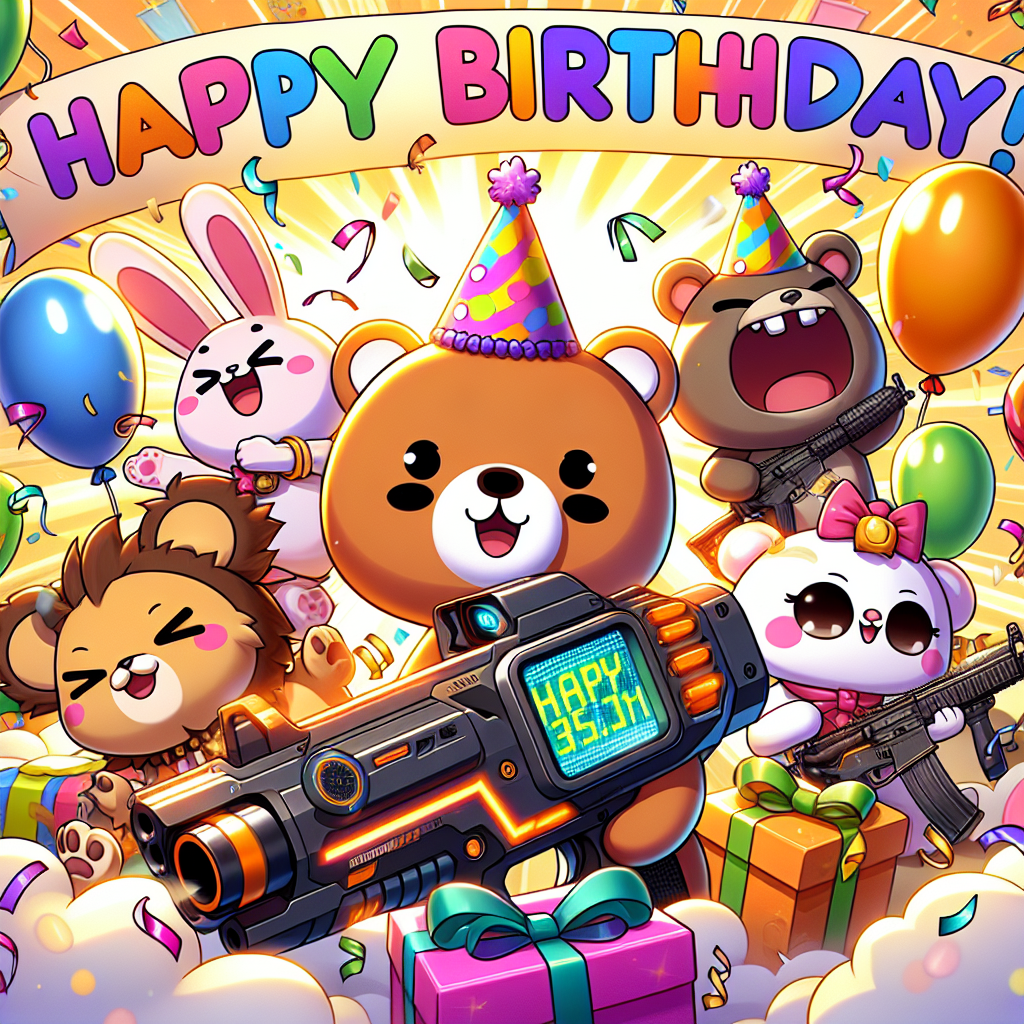 Generate a playful and cheerful birthday scene in a chibi-style cartoon twist where an array of diverse, joyful animals are celebrating. Include a perky rabbit and a giggling bear among the animals, each one donning a vibrant digital watch and holding a novel gun that exudes a banner proclaiming 'Happy Birthday!'. Surround them with a plethora of balloons and streamers to enhance the gaiety. Let the background be bathed in the glowing light of the sun, adding to the overall sense of joy and adventure.
Generated with these themes: Watches guns .
Made with ❤️ by AI.