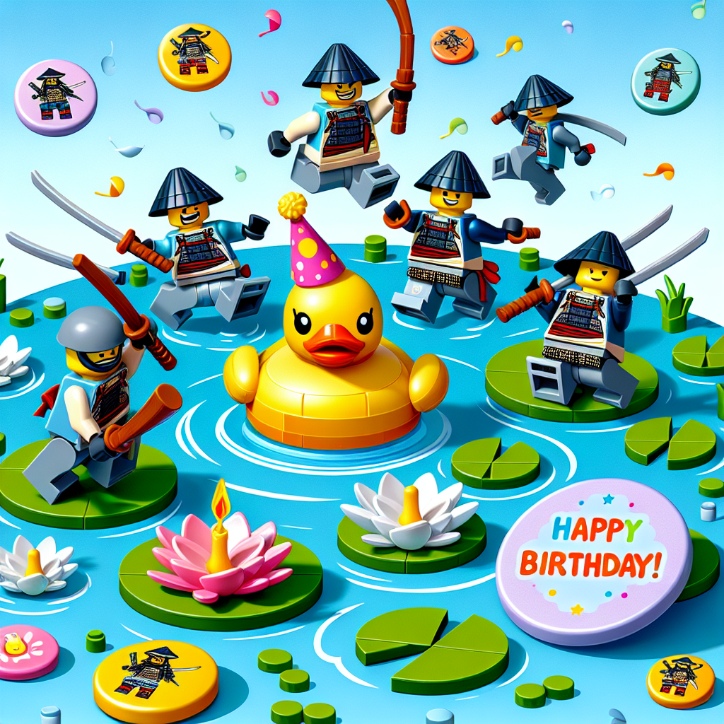 A joyous birthday scene in cartoon style with ducks wearing party hats floating happily amidst water lilies made from blue Lego blocks. In the forefront, warriors resembling to Lego samurai miniatures prevail in dynamic, acrobatic poses, halted as if in a suspended animation much like a paused internet video. There are playful buttons themed around a birthday dispersed around, suggestive of inviting onlookers to partake in the festivities.
Generated with these themes: Ducks , Blue, Lego , Ninjago, and Youtube .
Made with ❤️ by AI.