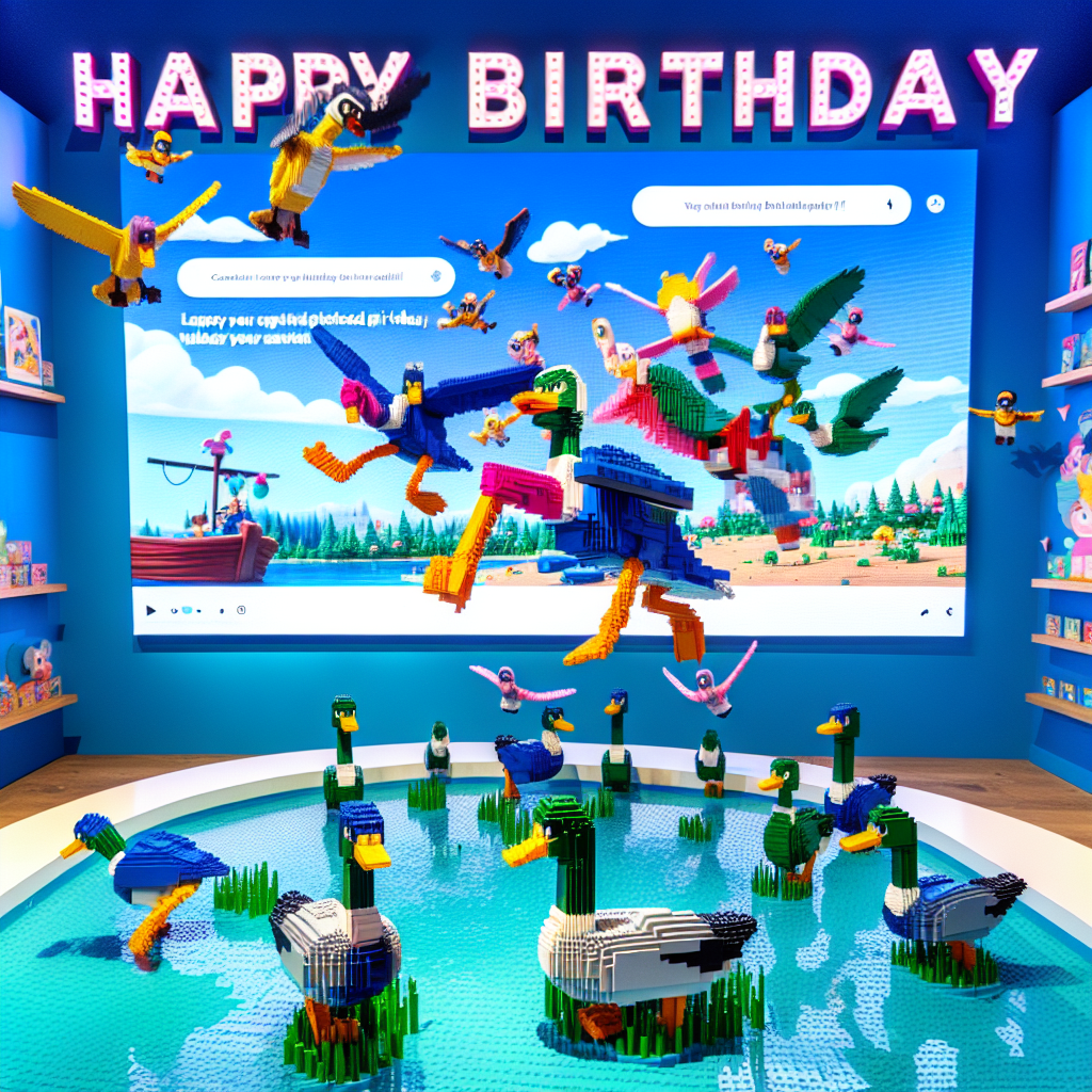 A lively birthday setting is taking shape with animated waterfowl strutting around a refreshing pond of cerulean blue. Overhead, vibrant characters crafted from interlocking plastic blocks, not specific to any copyrighted series, exhibit an elaborate performance of leaps and spins. The backdrop is an imaginative cartoon interpretation of a generic video sharing platform interface, teeming with birthday alerts and fanciful animations.
Generated with these themes: Ducks , Blue, Lego , Ninjago, and Youtube .
Made with ❤️ by AI.