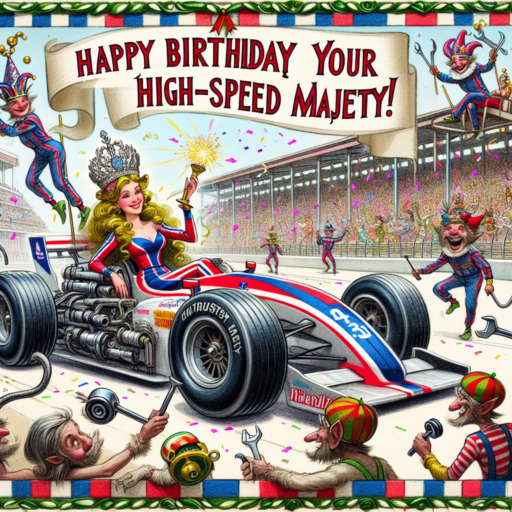 Create a funny image with a birthday theme. The central figure is a princess wearing racing clothes and a helmet, which has been decorated with a tiara. She is seated in a Formula One car that has been humorously transformed into a royal carriage, with exhaust pipes spewing out sparkling confetti. Surrounding the track, pit crew members, who are dressed as jesters, hasten using oversized, ludicrous wrenches and tire pumps. An audience made up of creatures from fairy tales are cheering from the bleachers while holding up banners that say 'Happy Birthday Your High-Speed Majesty!'
Generated with these themes: Formula one princess.
Made with ❤️ by AI.
