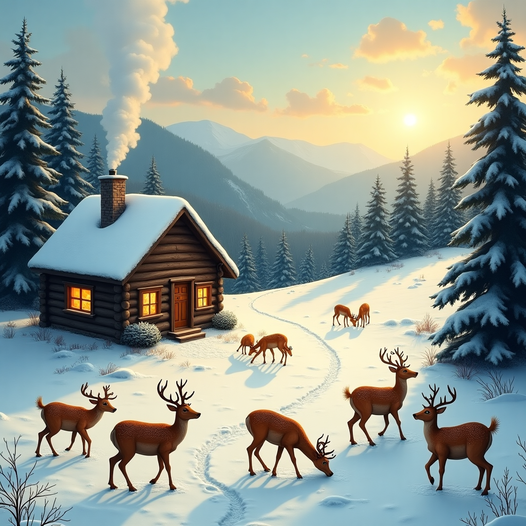 Hilly, winter landscape, forest, log cabin, herd of deer Thank-you Card