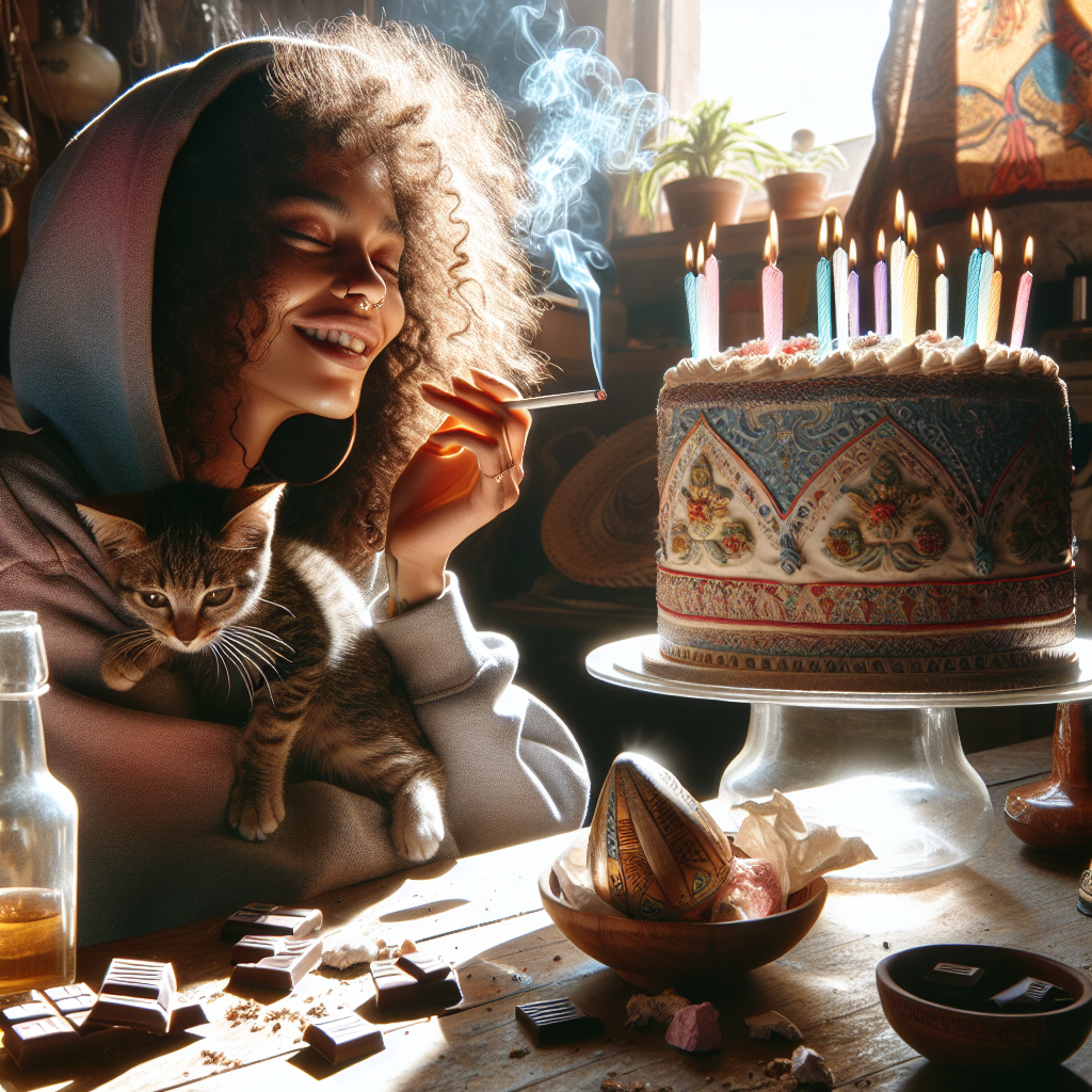 A mixed-race woman with curly hair partially hidden by her hoodie radiates a carefree aura as she smiles peacefully in a room bathed in sunlight. Seated next to her is a playful tabby kitten embodying pure innocence, while an intricately decorated birthday cake draws attention at the center, its icing displaying patterns reflecting the whimsy of a smoldering herbal cigarette resting nearby. The aroma of sunlight fills the room, suggesting the ease of a holiday. Scattered about are pieces of chocolate waiting to be enjoyed, and bottles of alcoholic beverages poised for a toast to peace and joy. This scene is a surreal snapshot of a bohemian soul celebrating another leap in the journey of life.
Generated with these themes: Mixed race interracial woman with curly hair wearing a hooded top, Tabby cat kitten, Birthday cake, Marijuana weed smoking joint, Sunshine, Vacation, Chocolate, Alcohol, and Happy, peaceful, hippy.
Made with ❤️ by AI.