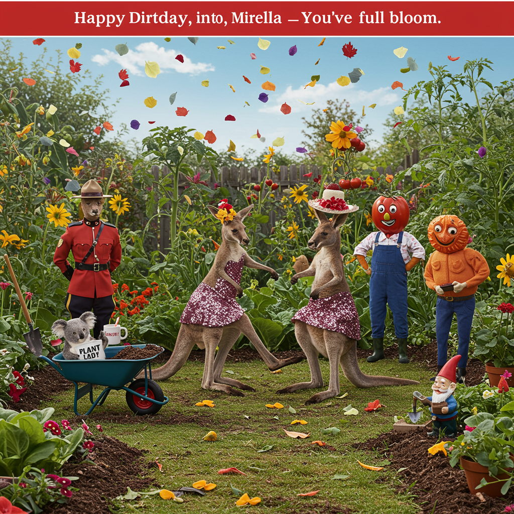 **Image Prompt:**  

At the top of the realistic photograph image, "Happy Dirtday, Mirella — You’ve tangoed into full bloom!"  

A hilariously realistic scene shows two kangaroos in sparkly salsa outfits performing a Latin dance routine in the middle of a Canadian backyard garden. One wears a miniature gardening hat covered in dirt and tiny flowers, while the other kicks a leg up in a perfect dance pose next to a gnome waving a tiny Canadian flag. A koala lounges in a wheelbarrow, holding a trowel and sipping from a mug that says “Plant Lady, Eh?”. Behind them, a Mountie and a sunburned Aussie farmer awkwardly cha-cha with tomato plants for partners, surrounded by wildly overgrown flowerbeds that resemble a botanical dance floor. The sky is blue, the veggies are judging everyone, and confetti made of maple leaves and eucalyptus rains down from above.
Generated with these themes: Latin Dancing, Gardening, Australia, and Canada.
Made with ❤️ by AI.