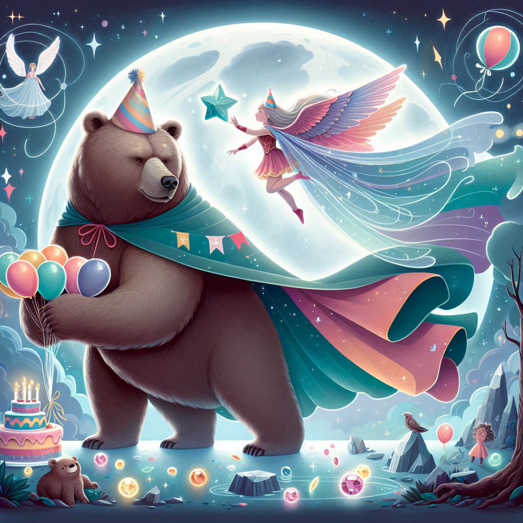 A whimsical cartoon-themed birthday party unfolds under a full moon emanating a soft glow on everything below. A friendly grizzly bear, wearing a festive party hat, holds a bunch of multicolored balloons. Nearby, a strong, caped hero flies, his billowing garment elegantly trailing behind him under the moonlit sky. The earth below is sprinkled with sparkling gemstones that create a magical aura, catching the moonlight. Ethereal shapes and mysterious symbols in the background hint at a deeper spiritual element, combining to create a unique, enchanting birthday setting.
Generated with these themes: Grizzly bear, Superman, Full moon, Gemstones, and Spiritual.
Made with ❤️ by AI.