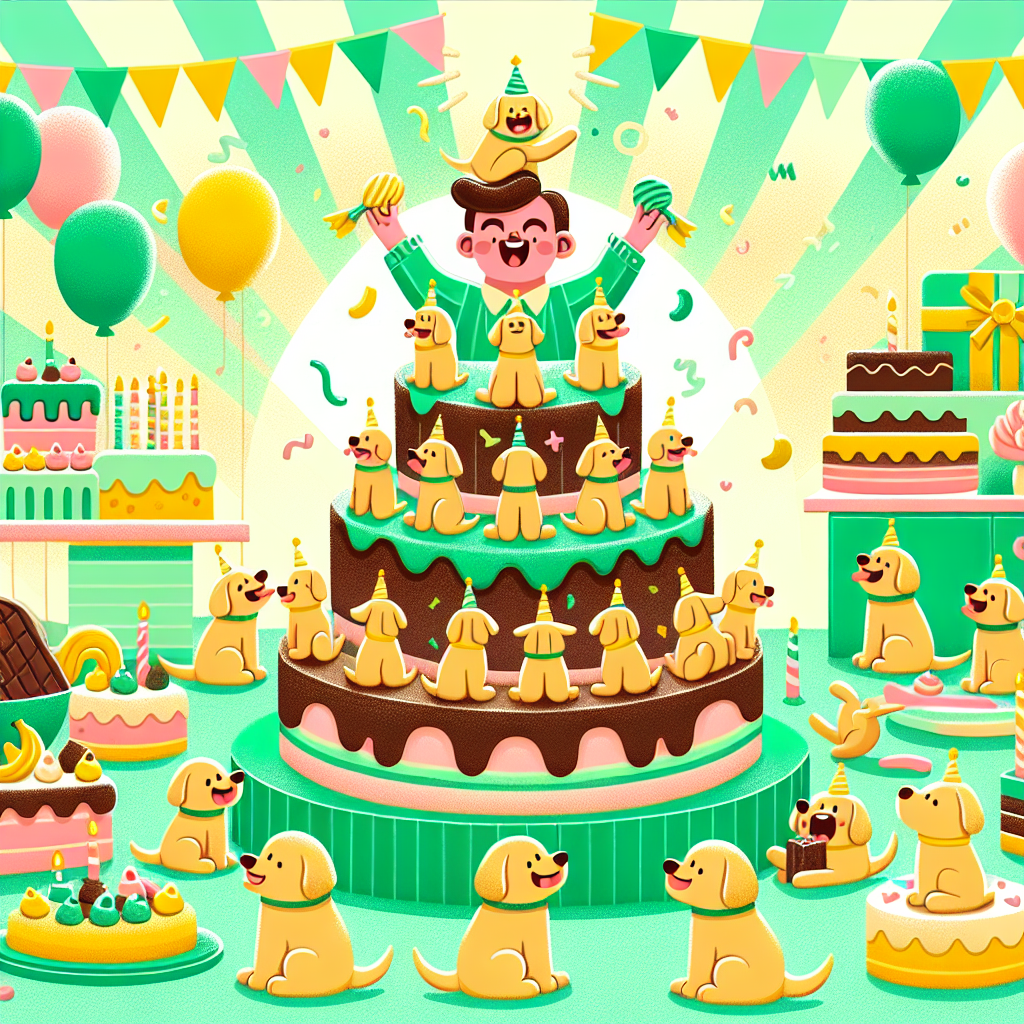 In a cheerful and vibrant cartoon style, a birthday party is taking place. The background radiates with pastel green tones, inspiring a joyful ambiance. Sitting at the center of this party is a lavish, multi-tiered chocolate cake with tiny golden Labrador figures on top, their tails wagging with delight. An individual, characterized by their extroverted personality and evident love for the celebration, is shown savoring the event. In a unique and whimsical touch, decorative elements and various treats around the party are shaped in the motif of bananas.
Generated with these themes: Green, Chocolate , Golden Labrador, Temu, and Bananas.
Made with ❤️ by AI.