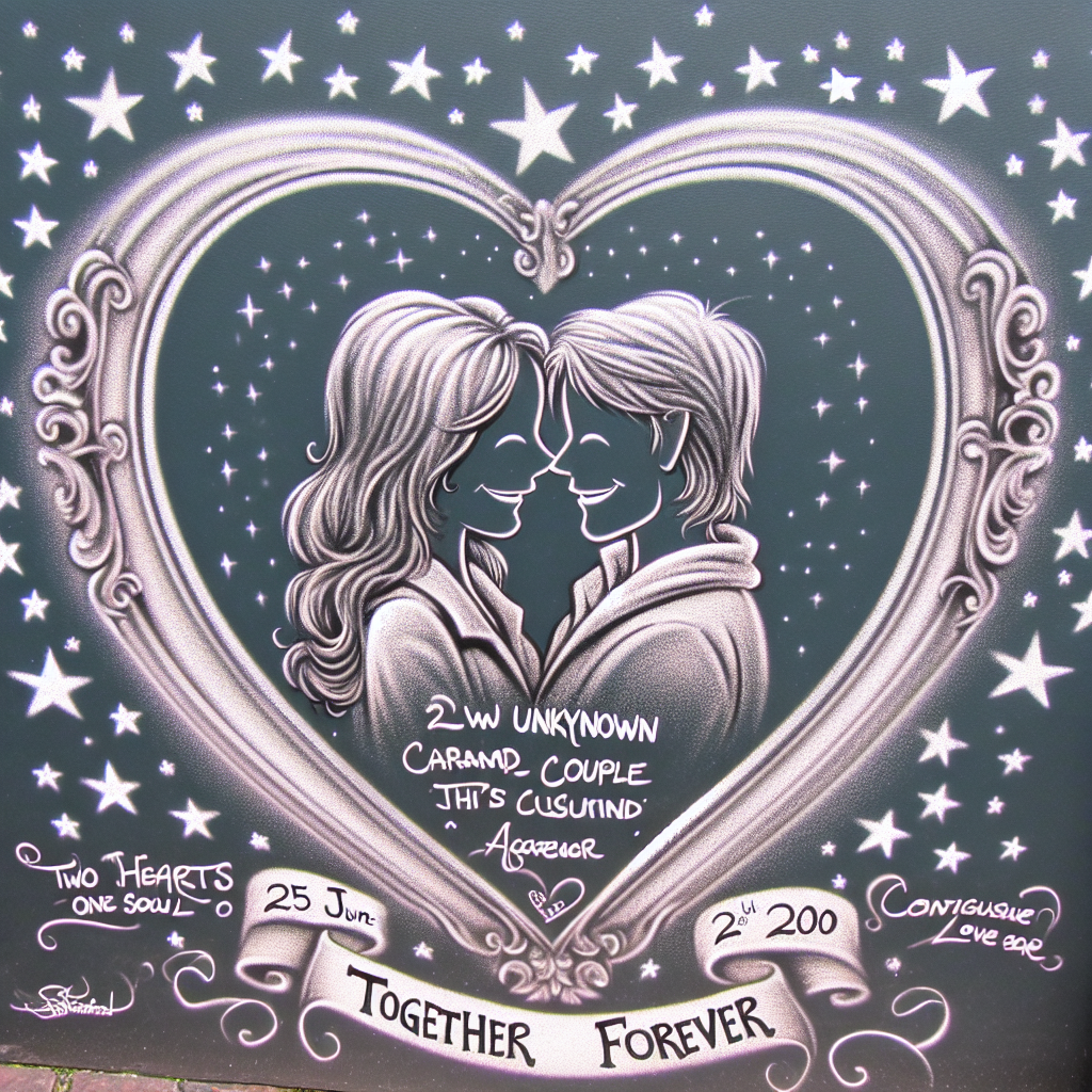 Envision a charming cartoon display where a loving unknown couple are depicted cheek-to-cheek, encased within a heart-shaped frame. The decorative border is marked with the phrase 'Two Hearts One Soul'. Accurately etched at the bottom of the affectionate frame is '25th June 2010', marking the beginning of this contagious love story. Surrounding this couple, an array of stars forms the phrase 'Together Forever', symbolising the timeless bond shared on their treasured 10th anniversary.
Generated with these themes: Two Hearts One Soul, 25th June 2010, Mr & Mrs Wallworth, and Together Forever.
Made with ❤️ by AI.
