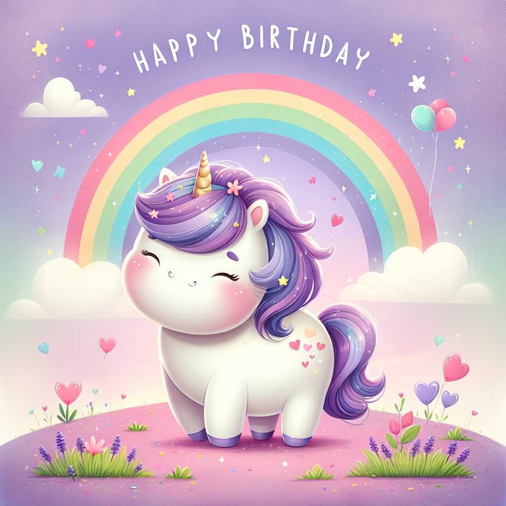 Create a whimsical birthday illustration featuring a plump and cheerful unicorn with a shiny purple mane standing under a bright rainbow that stretches across a pastel sky. The scene is further decorated with tiny stars and hearts fluttering around, underscoring the festive ambiance. The earth is dusted with purple flowers and patches of green grass, crafting a magical backdrop for a birthday party.
Generated with these themes: Unicorn, Rainbow, and Purple.
Made with ❤️ by AI.