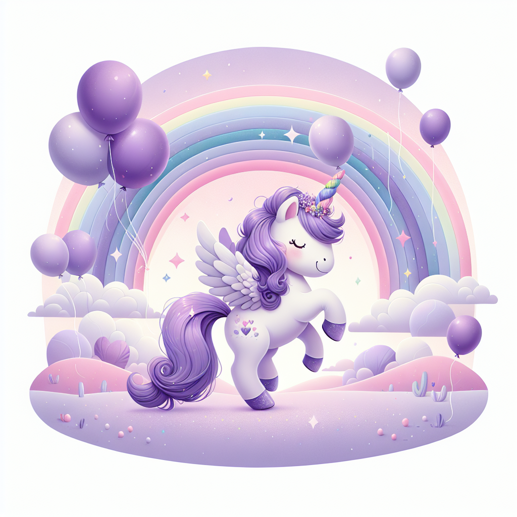 Create an adorable birthday-themed illustration with a whimsical scene. In this scene, a playful unicorn character with a lush purple tail is gallivanting underneath a majestic rainbow in the sky. The sky is painted with soft hues of lavender, forming a harmonious visual relationship with the unicorn's purple details. Several balloons, each in a distinct shade of purple, float gently in the air, interjecting an element of whimsy into the festive scene. The area around the rainbow is touched by glitters and sparkles, symbolizing a magical day brimming with birthday happiness.
Generated with these themes: Unicorn, Rainbow, and Purple.
Made with ❤️ by AI.